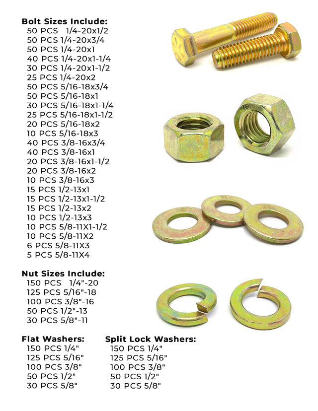 Inch Grade 8 Coarse Hex Cap Screws, Hex Nuts, Flat & Lock Washers - 2011 PCS