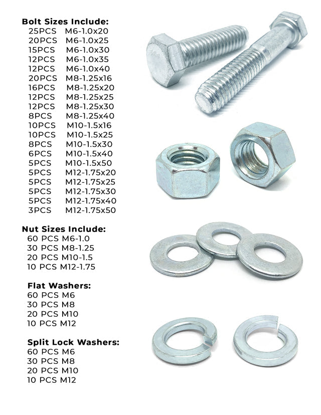 Metric Class 10.9 Hex Cap Screws, Hex Nuts, Flat & Lock Washers - 575 PCS