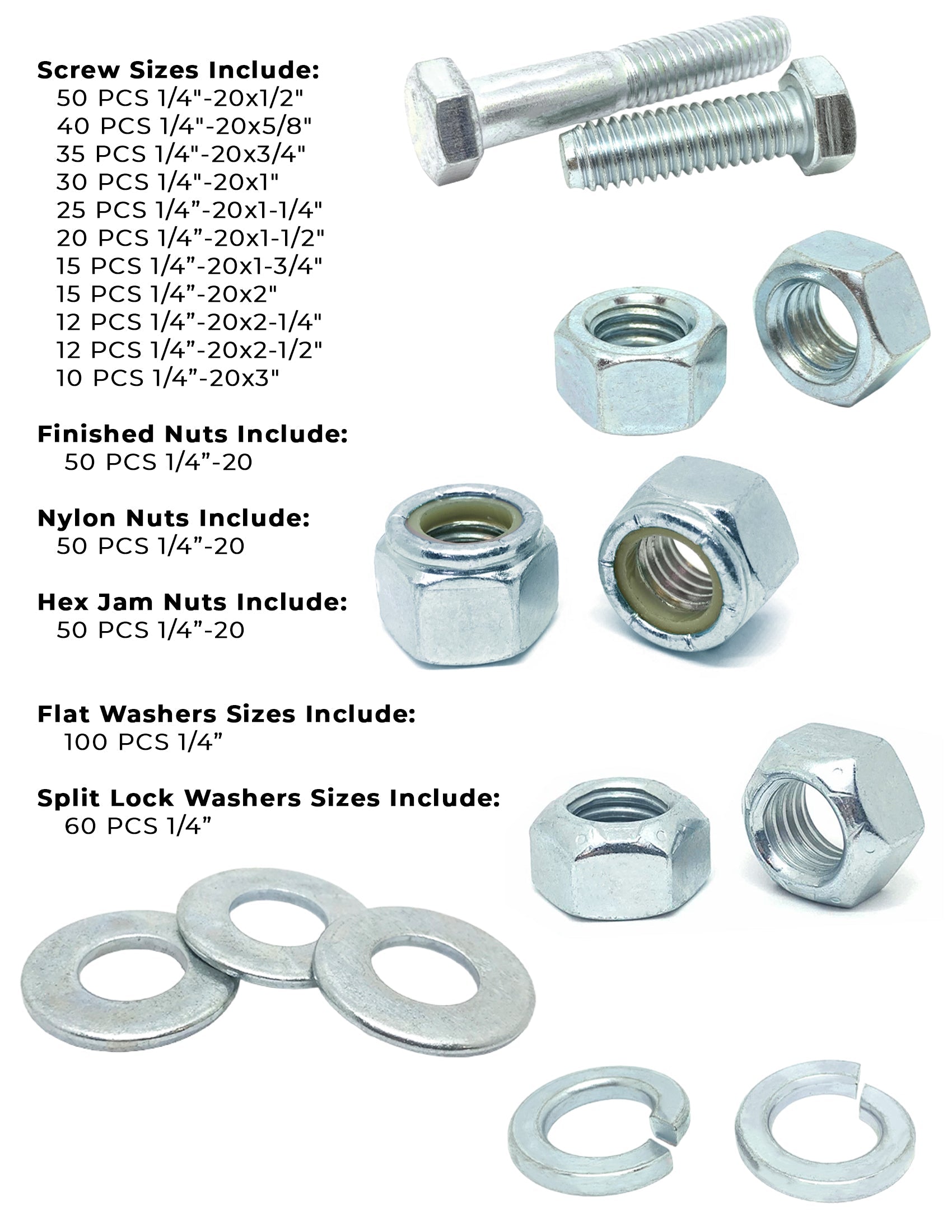 1/4"-20 Coarse Grade 5 Hex Cap Screws, Nuts, & Washers - 575 PCS