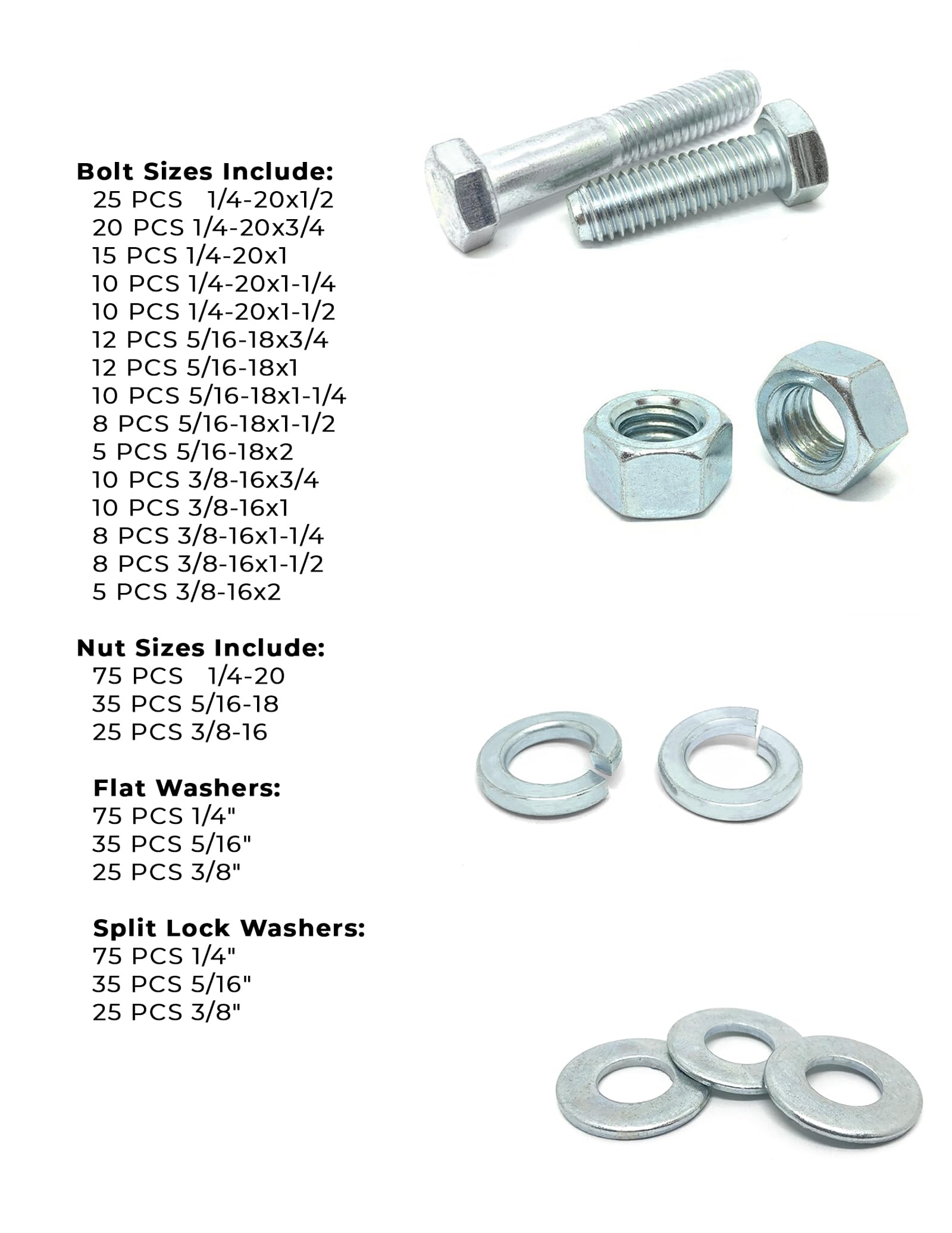 Inch Grade 5 Hex Cap Screws, Hex Nuts, Flat & Lock Washers - 574 PCS
