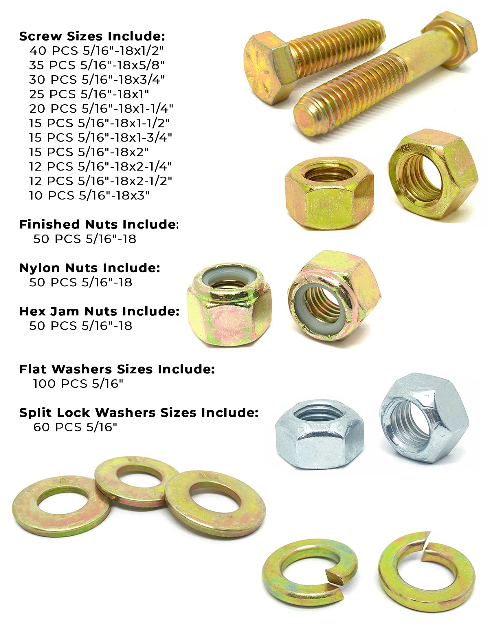 5/16"-18 Coarse Grade 8 Hex Cap Screws, Nuts, & Washers - 540 PCS