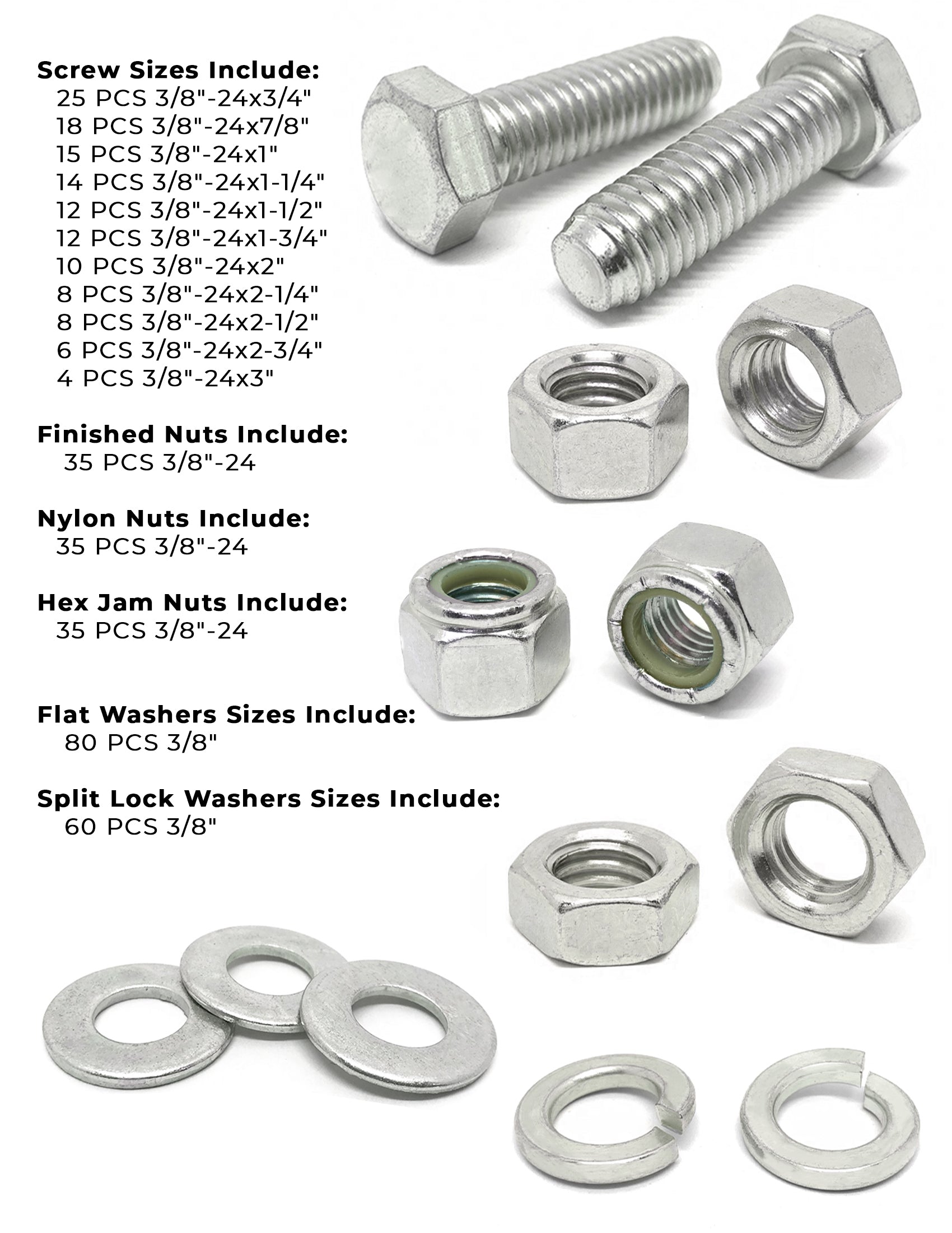 3/8"-24 Fine 18-8 Stainless Steel Hex Cap Screws, Nuts, & Washers - 378 PCS