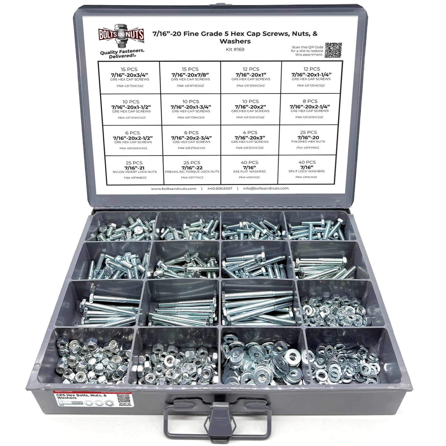 7/16"-20 Fine Grade 5 Hex Cap Screws, Nuts, & Washers - 264 PCS