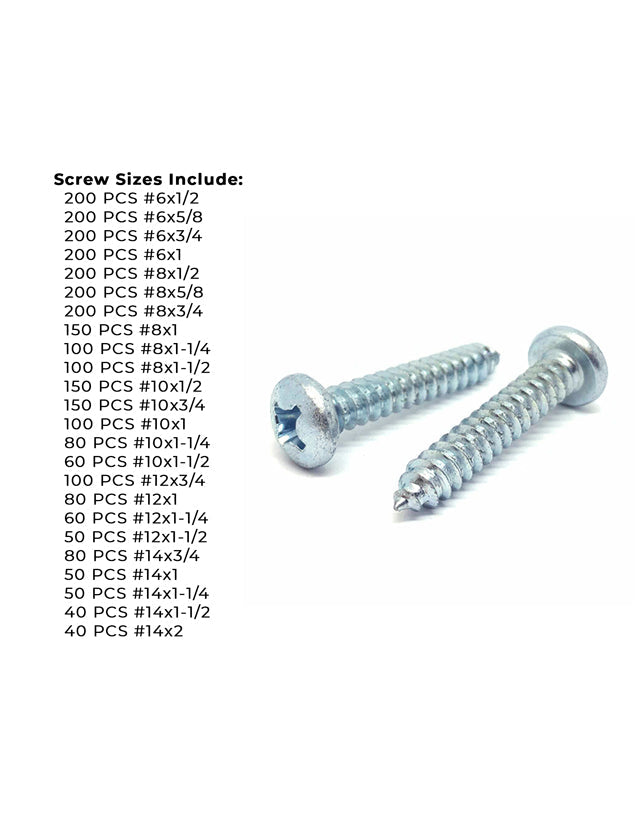 Phillips Pan Head Sheet Metal Self Tapping Screws Assortment - 2841 PCS