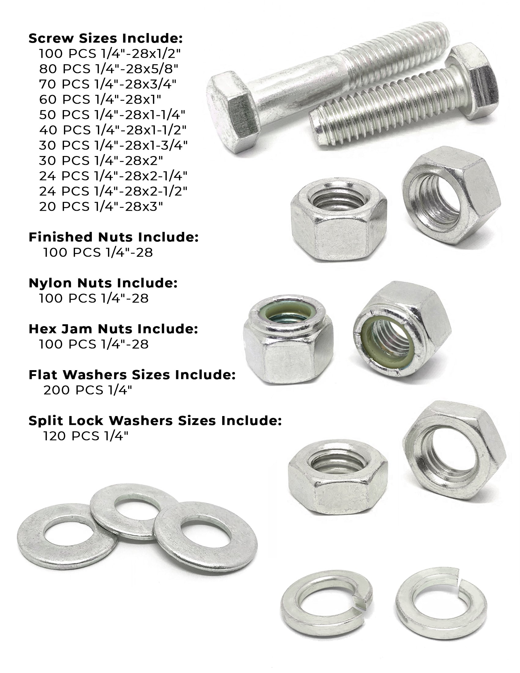 1/4"-28 Fine 18-8 Stainless Steel Hex Cap Screws, Nuts, & Washers - 1149 PCS