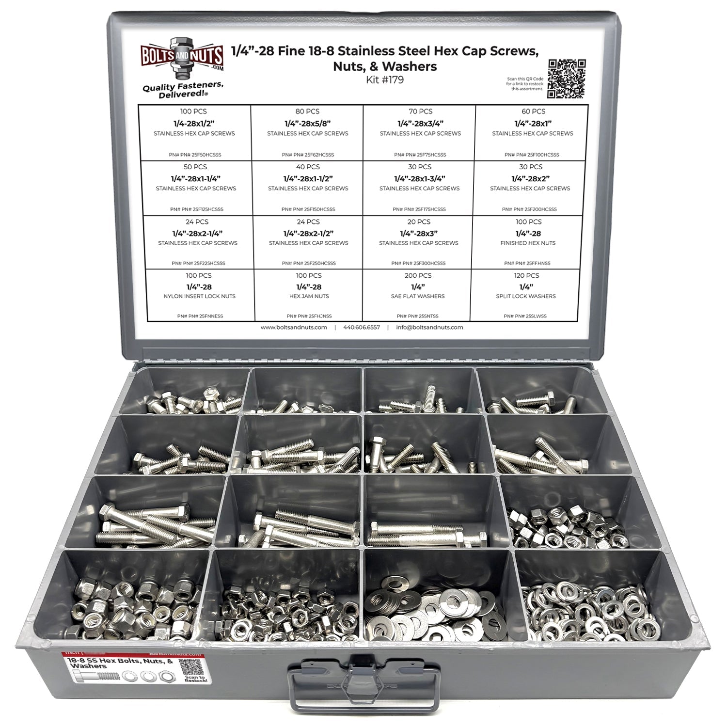 1/4"-28 Fine 18-8 Stainless Steel Hex Cap Screws, Nuts, & Washers - 1149 PCS