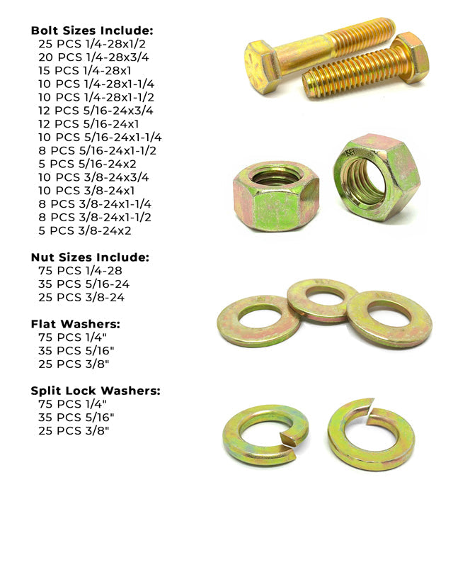Inch Grade 8 Fine Hex Cap Screws, Hex Nuts, Flat & Lock Washers - 574 PCS