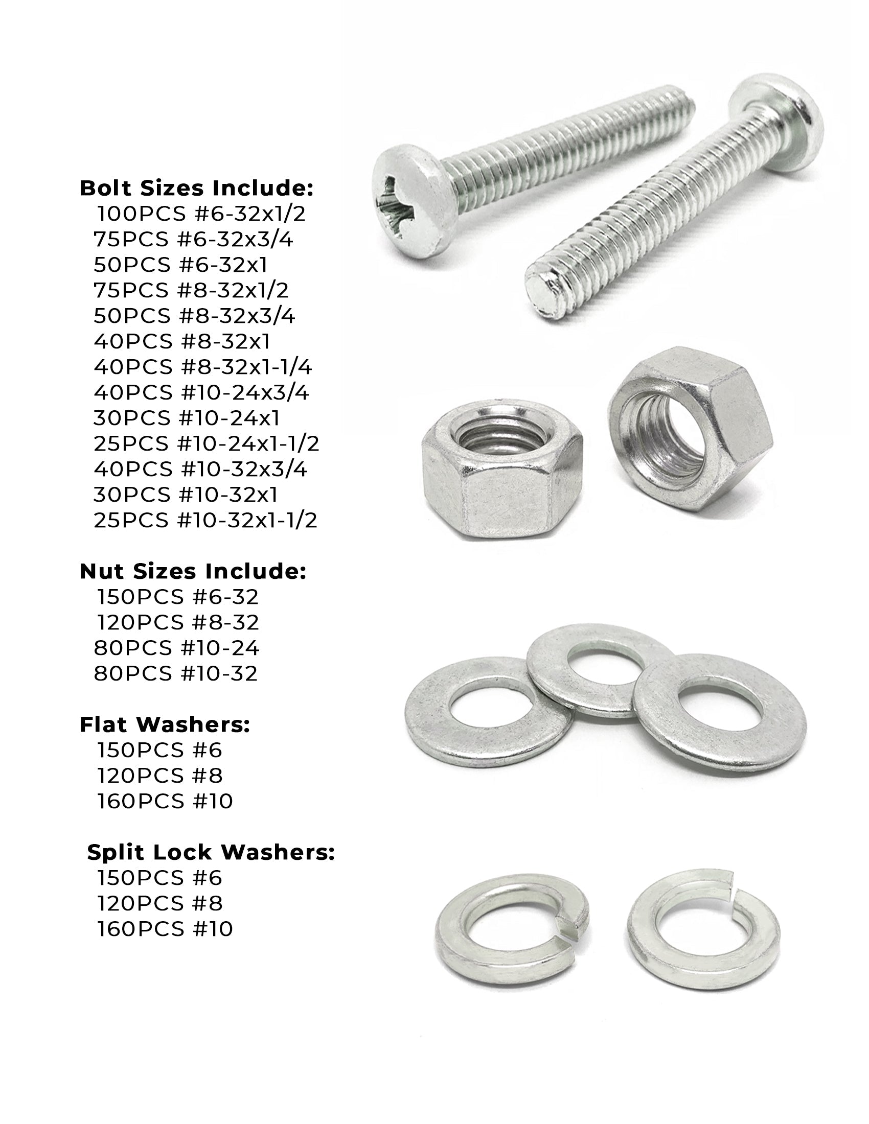 Inch Stainless Steel Phillips Pan Head Machine Screws, Hex Nuts, Flat & Lock Washers - 1921 PCS