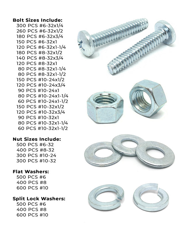 Inch Phillips Pan Head Machine Screws, Hex Nuts, Flat & Lock Washers - 7111 PCS