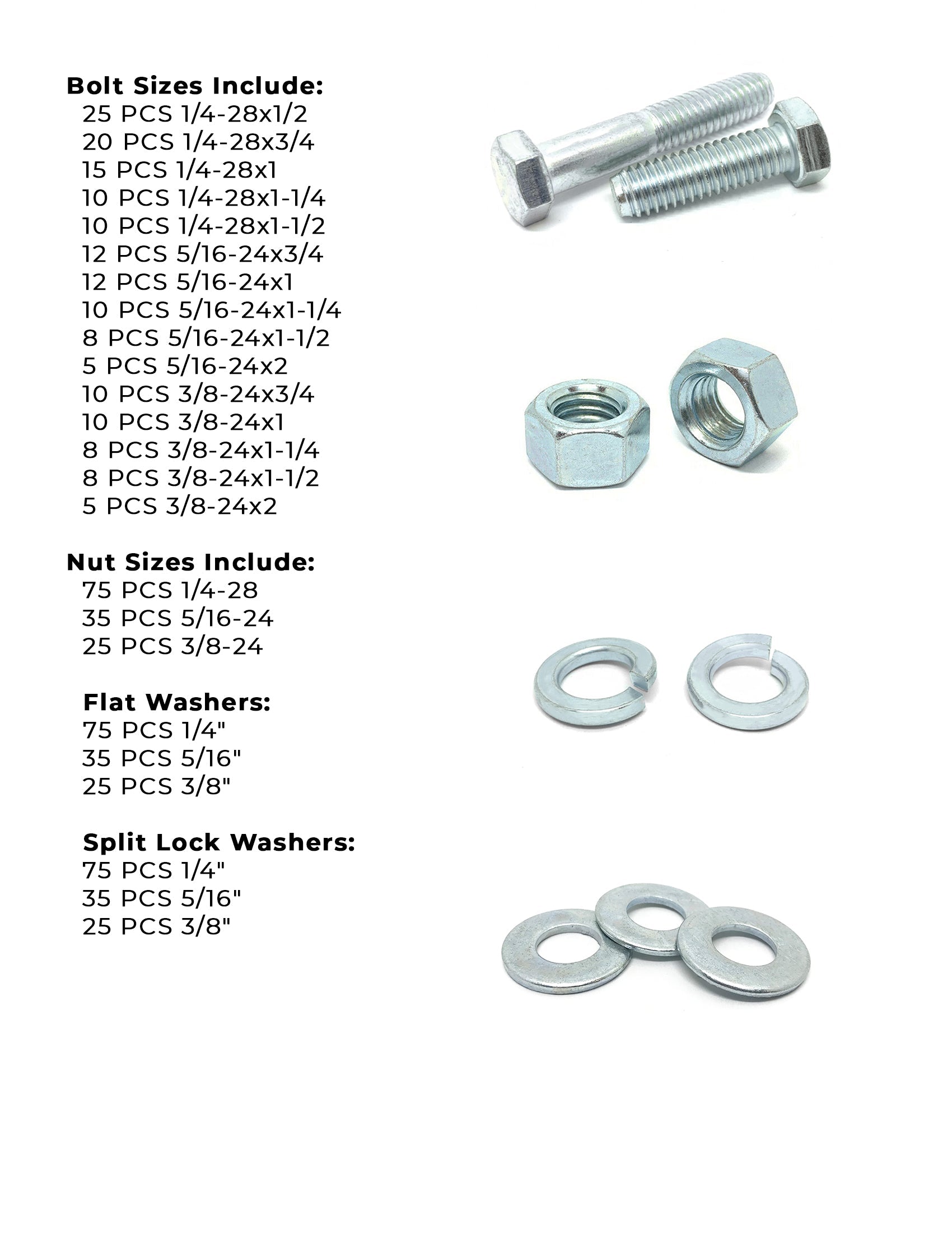 Inch Grade 5 FINE Hex Cap Screws, Hex Nuts, Flat & Lock Washers - 574PCS