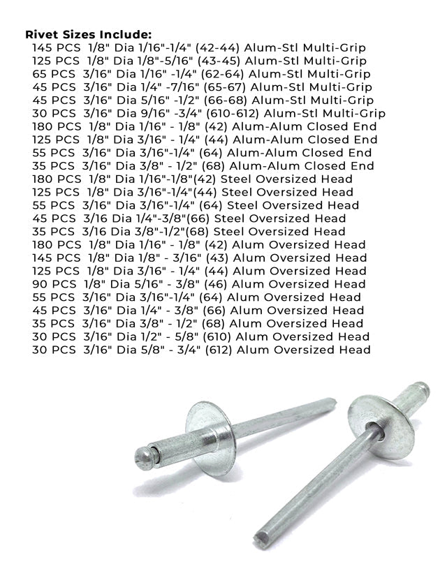 Aluminum and Steel Multi-Grip, Closed-End, & Oversized Head Rivets Assortment - 2026 PCS