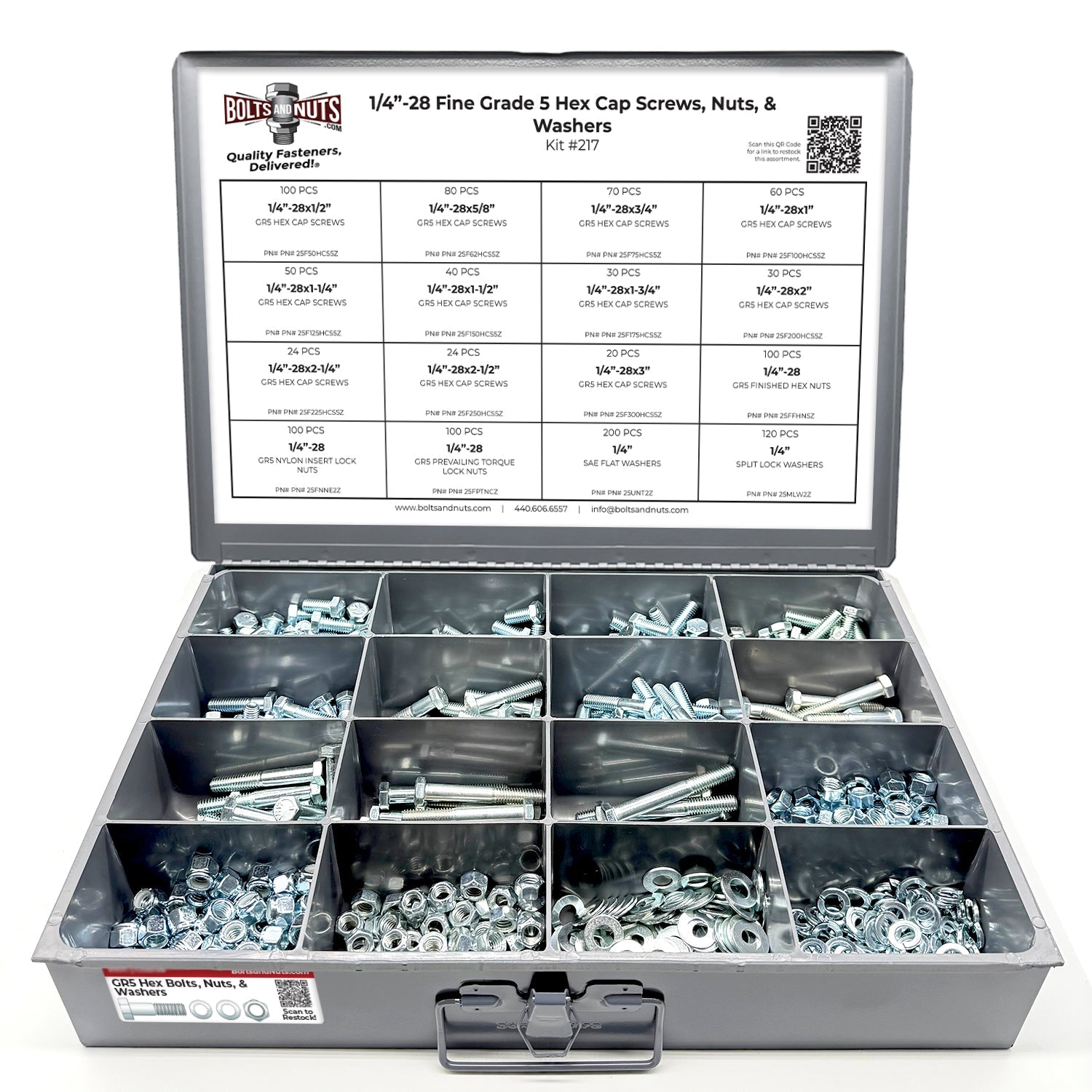 1/4"-28 Fine Grade 5 Hex Cap Screws, Nuts, & Washers - 1149 PCS