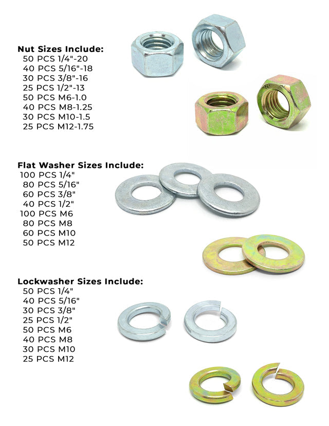 Inch & Metric Grade 8 Hex Nut, Flat & Lock Washer Assortment - 1151 PCS