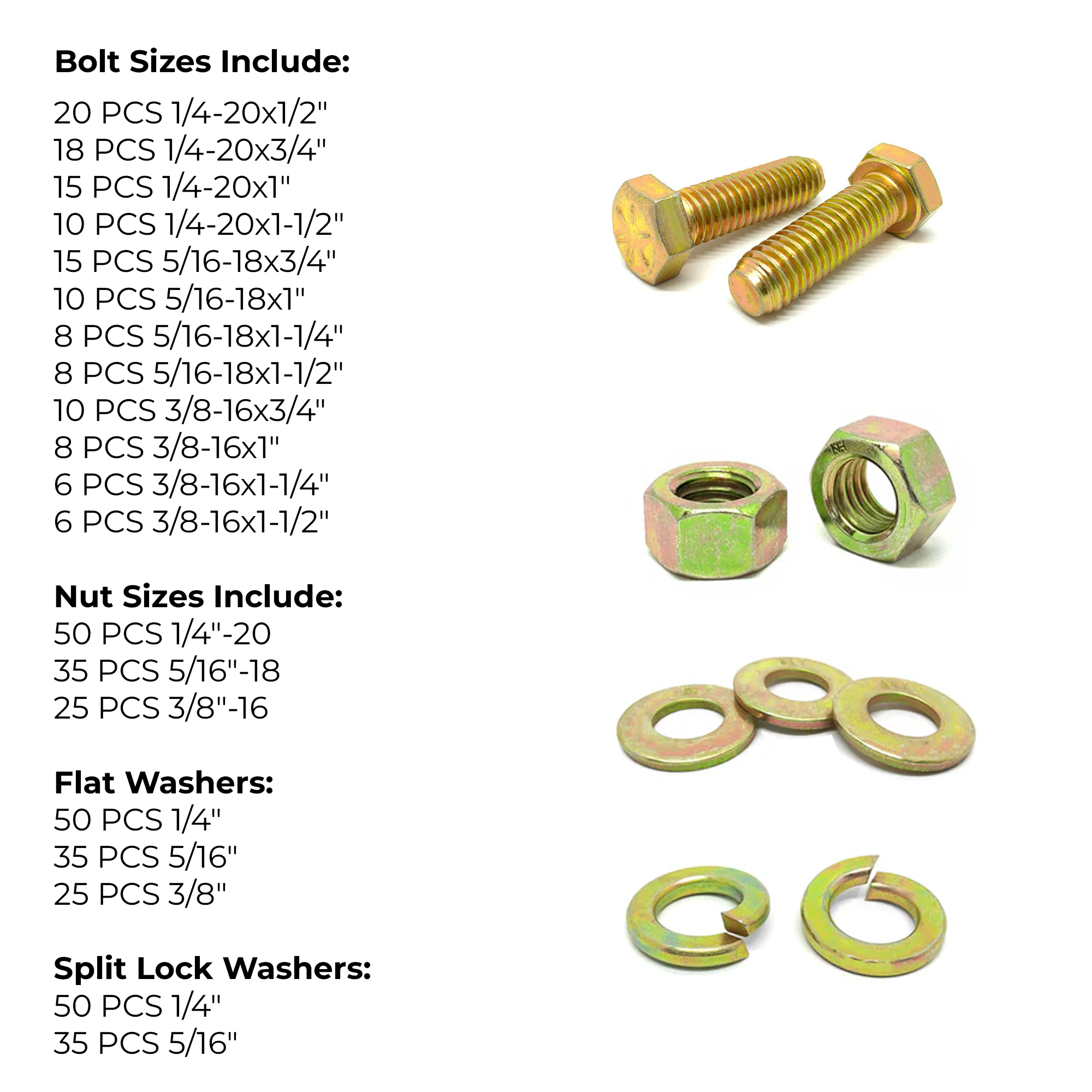Grade 8 Hex Cap Screws, Grade 8 Hex Nuts, Grade 8 SAE Flat Washers, Grade 8 Lock Washers - Zinc & Yellow Plated - 465 PCS