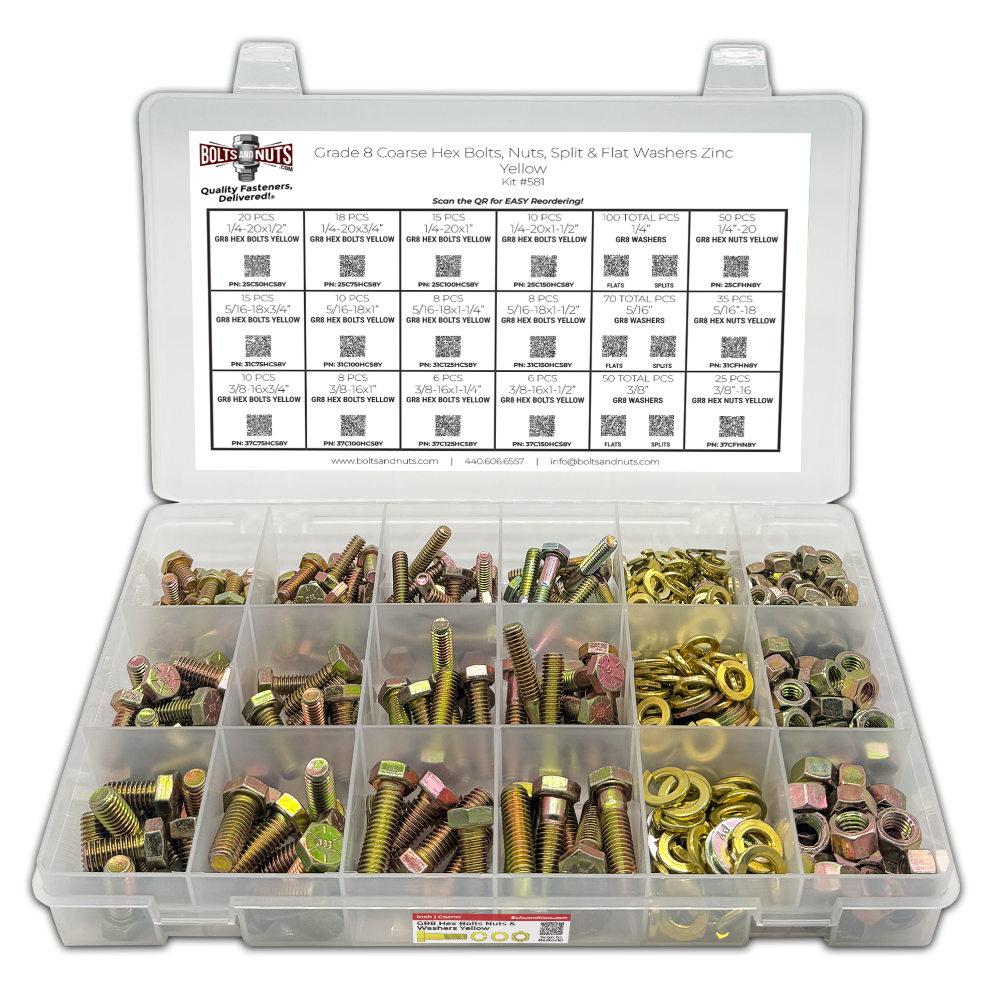 Grade 8 Hex Cap Screws, Grade 8 Hex Nuts, Grade 8 SAE Flat Washers, Grade 8 Lock Washers - Zinc & Yellow Plated - 465 PCS