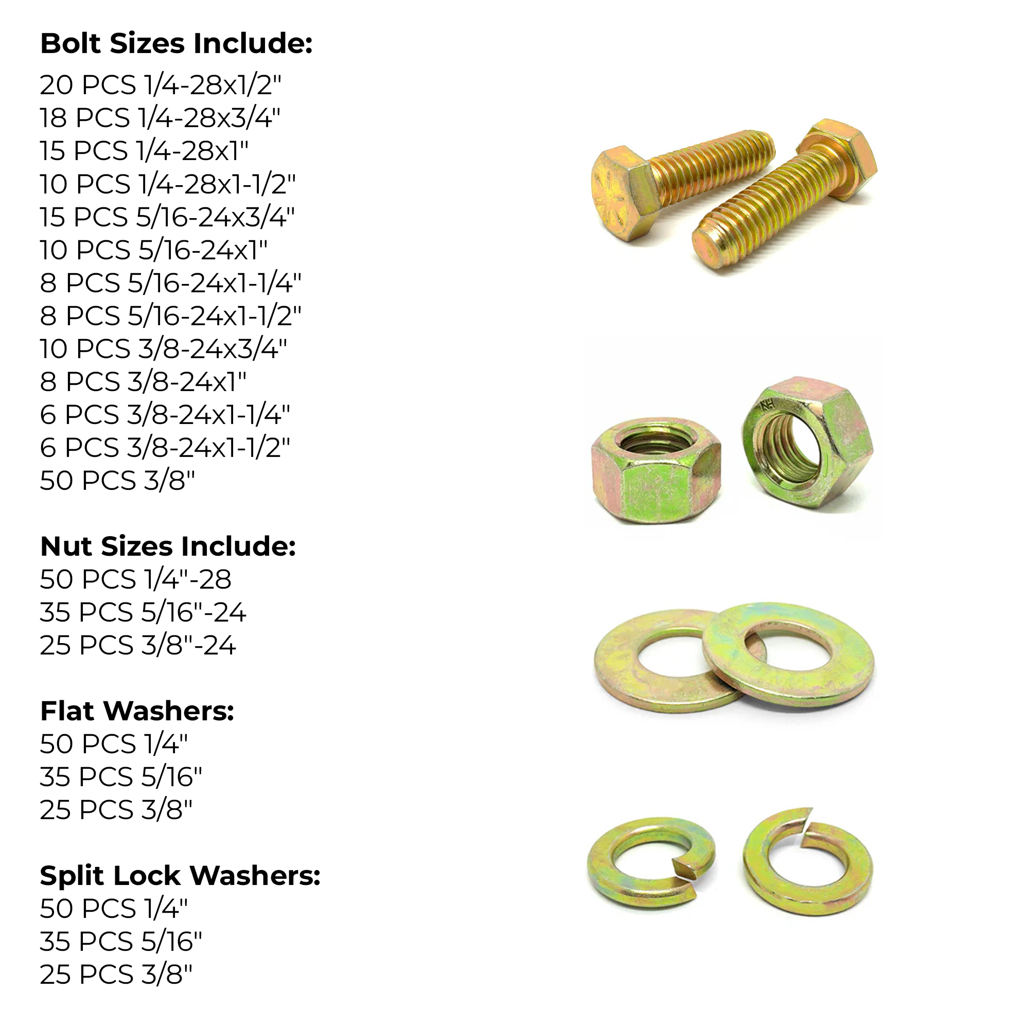 Assortment Kit #583 (465 Pcs.) FINE Grade 8 Hex Cap Screws, FINE Grade 8 Hex Nuts, Grade 8 SAE Flat Washers, Grade 8 Lock Washers - Zinc & Yellow Plated