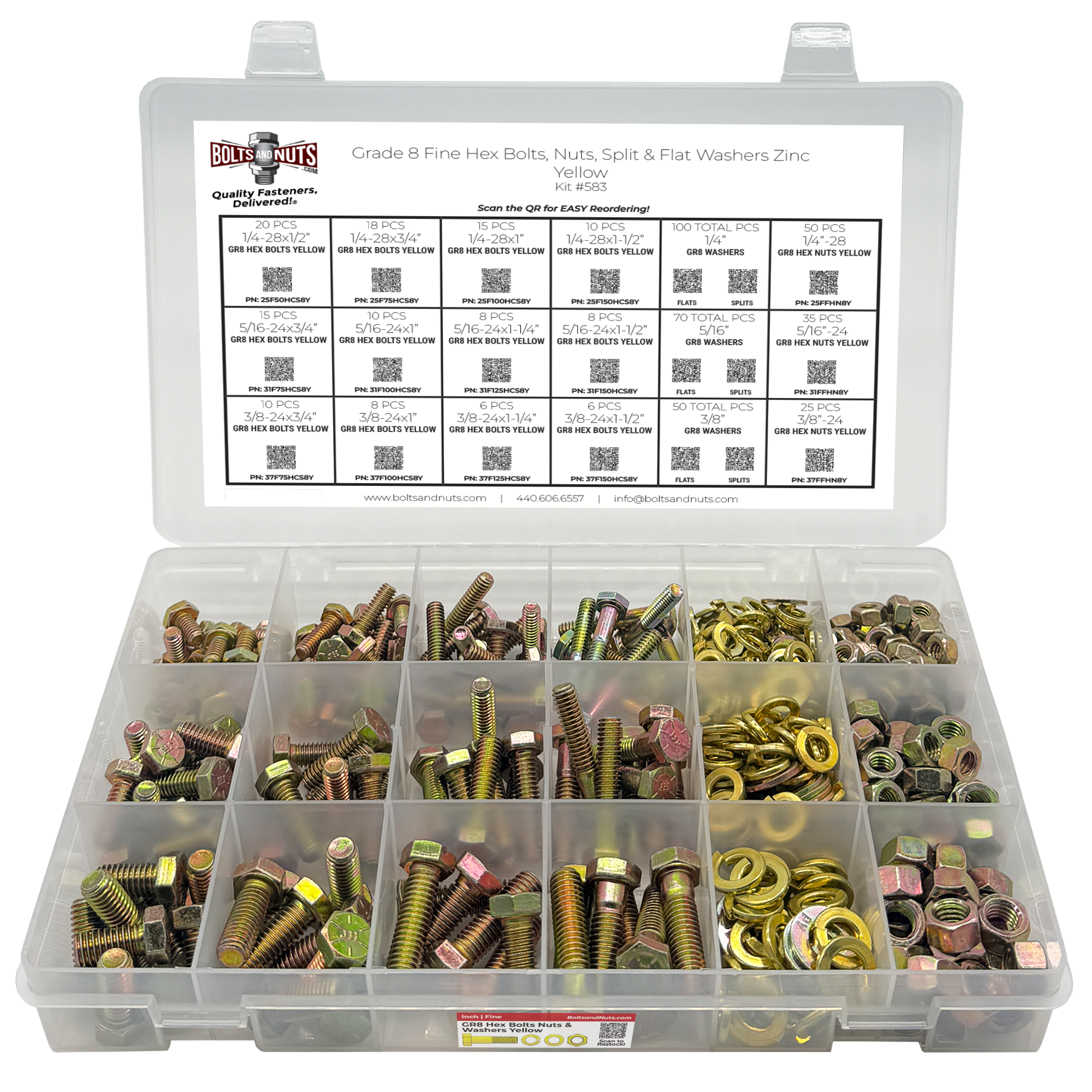 Assortment Kit #583 (465 Pcs.) FINE Grade 8 Hex Cap Screws, FINE Grade 8 Hex Nuts, Grade 8 SAE Flat Washers, Grade 8 Lock Washers - Zinc & Yellow Plated