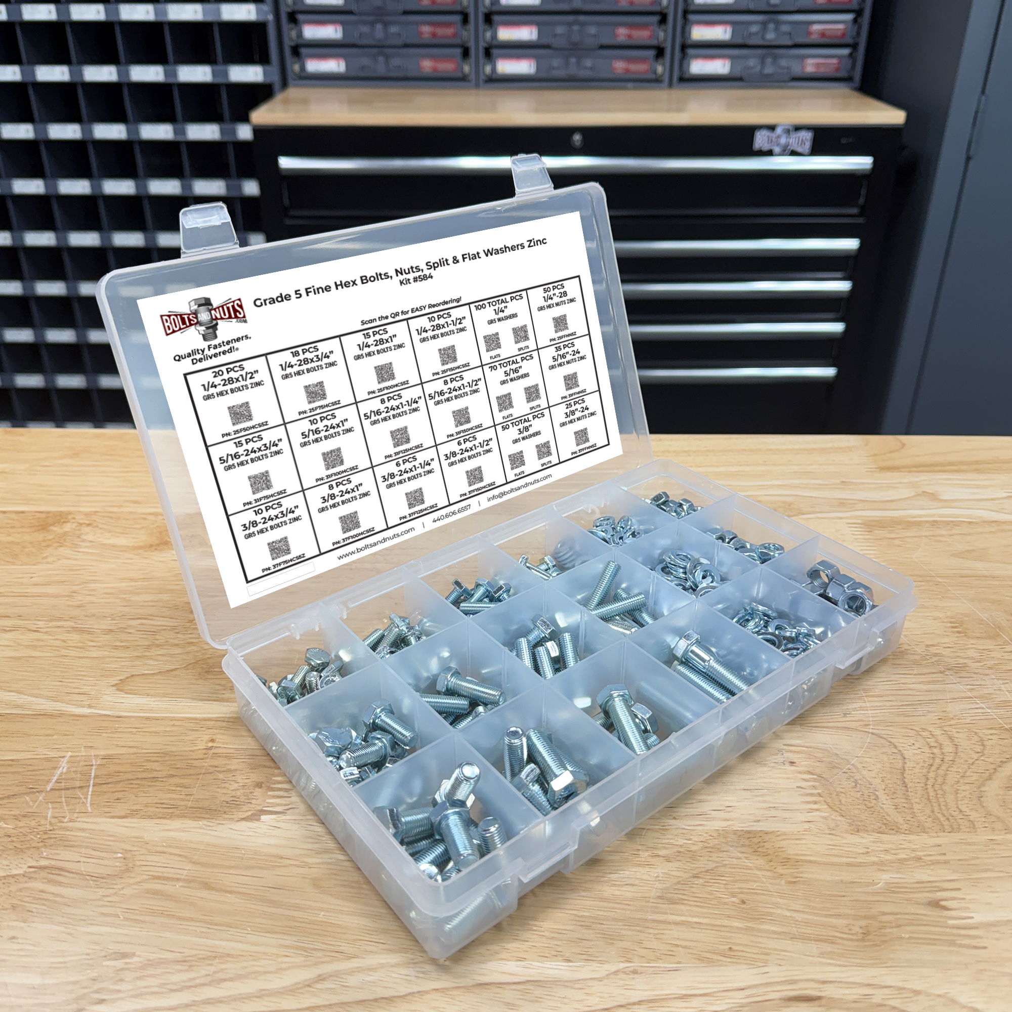 Assortment Kit #584 (465Pcs.) - FINE Grade 5 Hex Cap Screws, FINE Nuts, Washers Zinc w/ 18 Plastic Bin