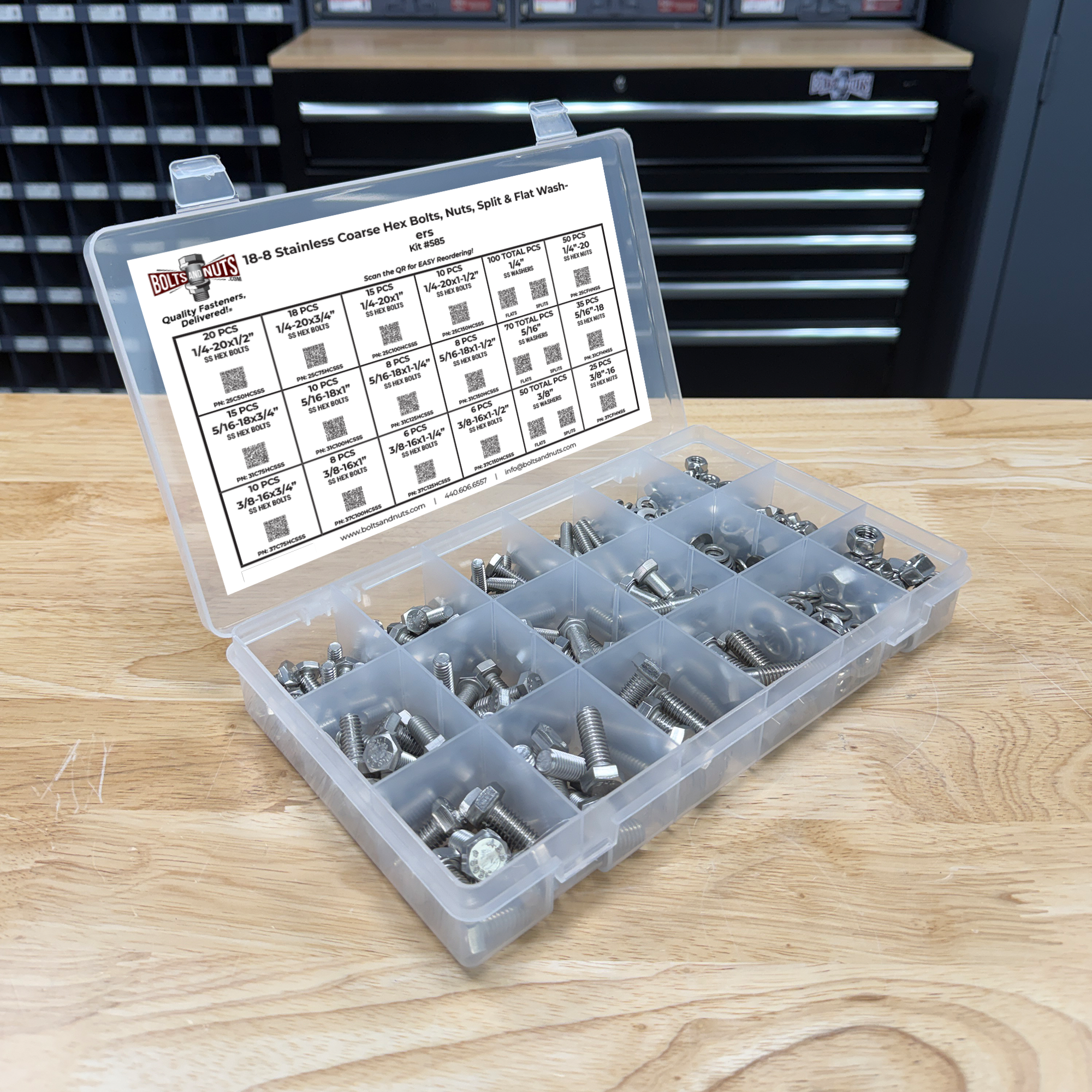 Assortment Kit #585 (465Pcs.) Stainless Steel Hex Cap Screws, Hex Nuts, Flat Washers & Lock Washers