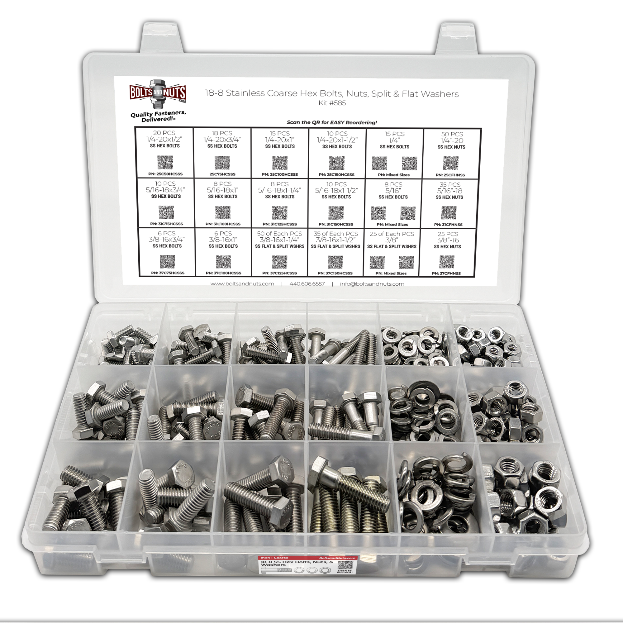 Assortment Kit #585 (465Pcs.) Stainless Steel Hex Cap Screws, Hex Nuts, Flat Washers & Lock Washers