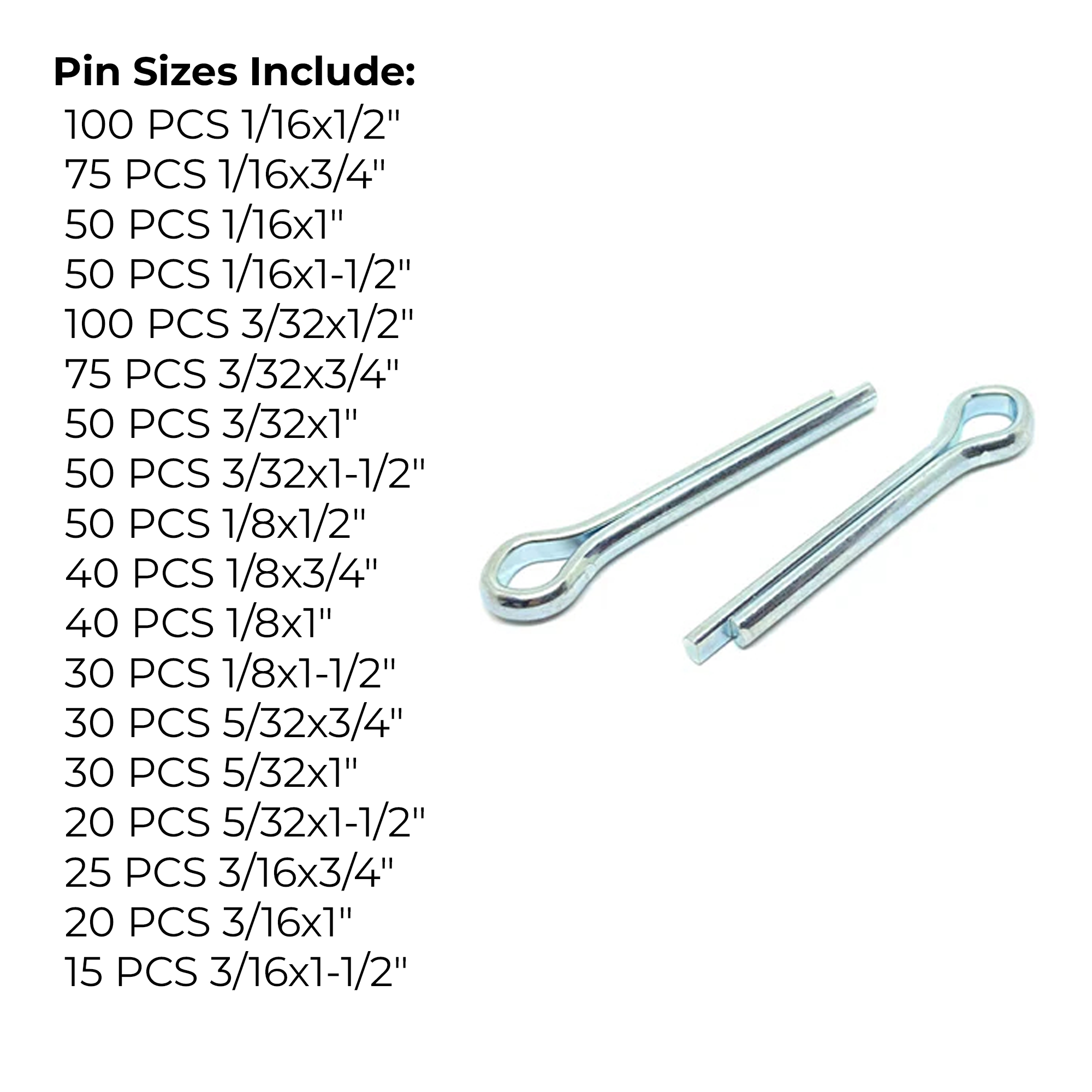 Assortment Kit #590 (851Pcs.) Steel Extended Prong Cotter Pins - Zinc Clear 1/16" 3/32" 1/8" 5/32" 3/16"  w/ 18 Hole Plastic Bin