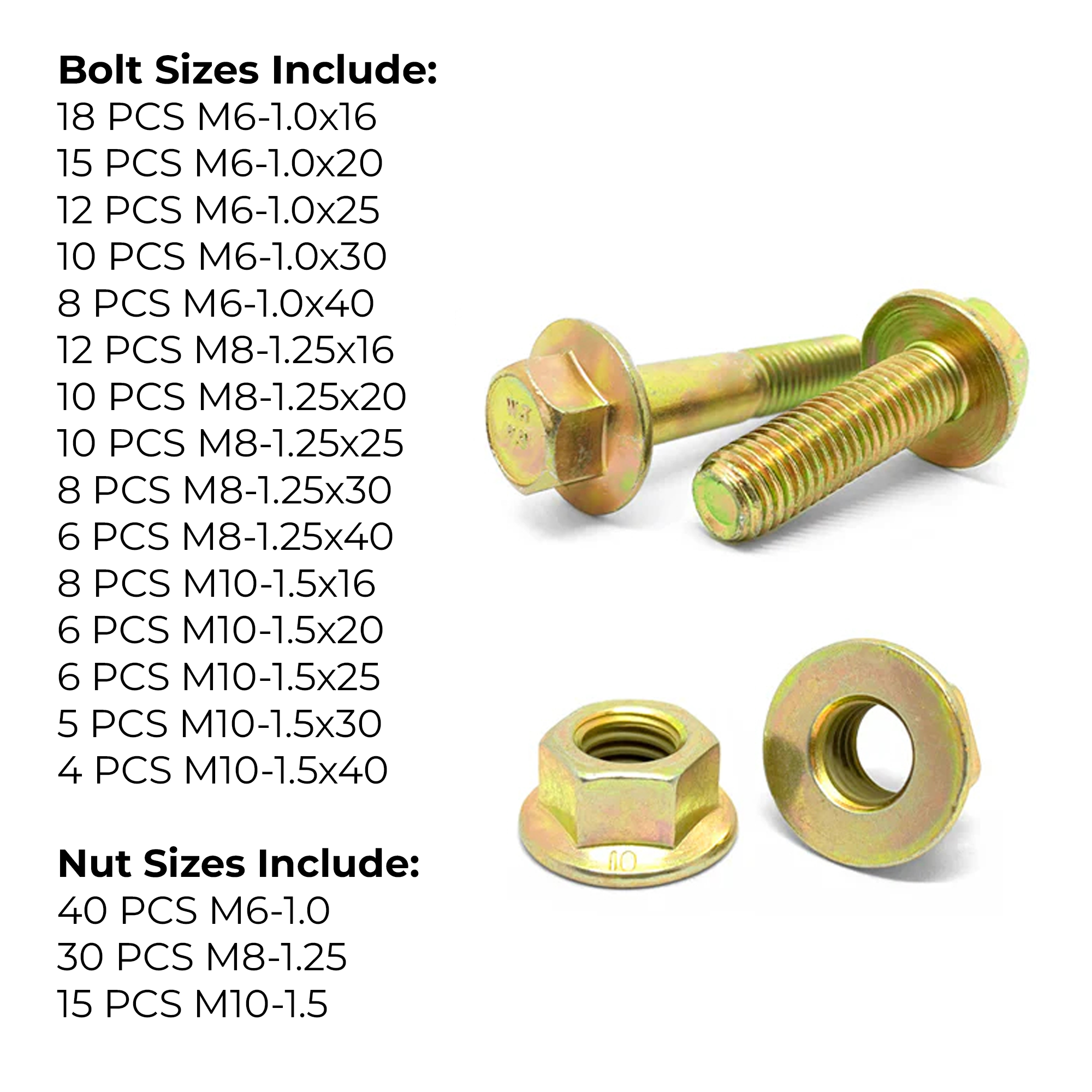 Assortment Kit #592 (224Pcs.) - Grade 8.8 Metric Flange Screws & Class 8 Free Spinning Flange Nuts - Zinc & Yellow