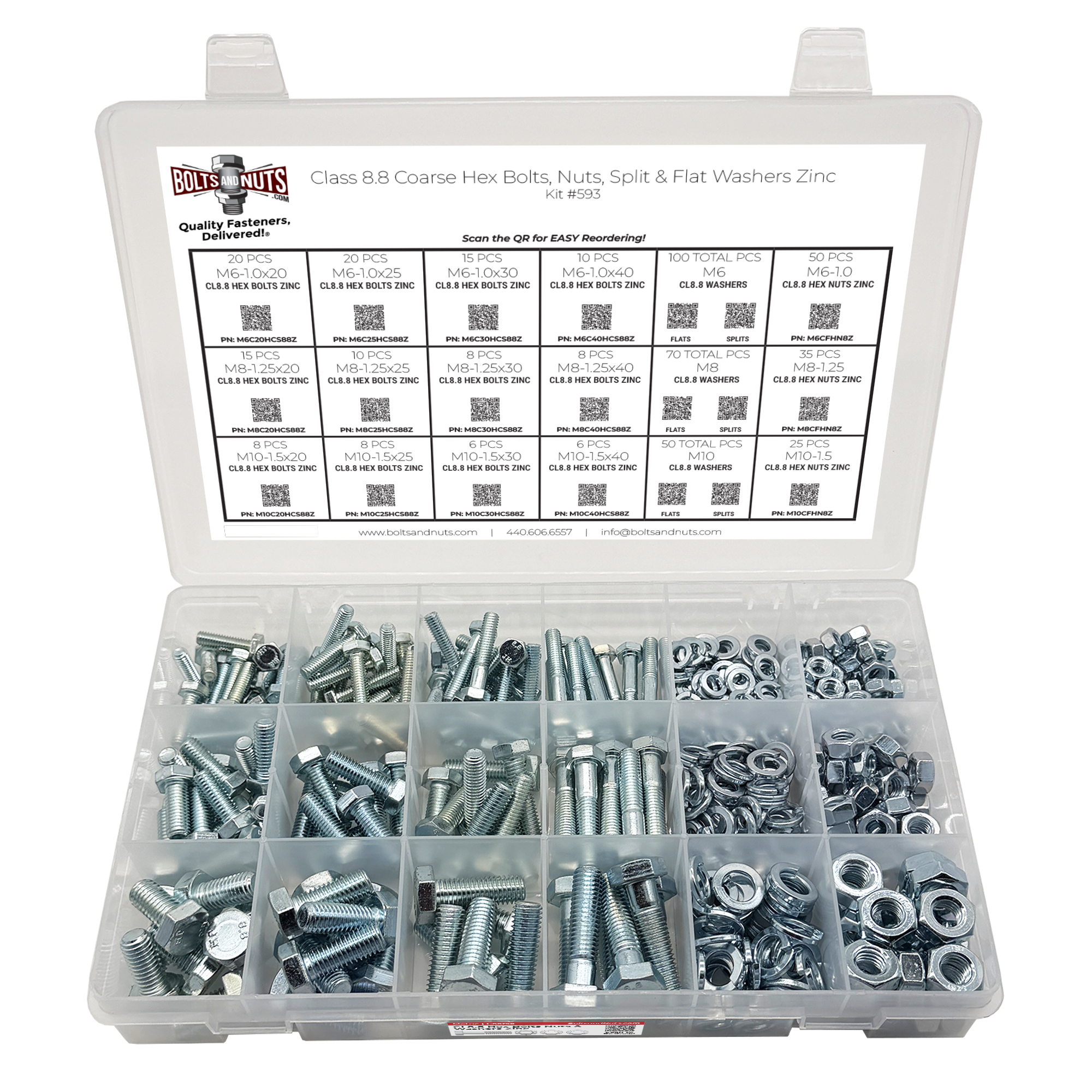 Assortment Kit #593 (465Pcs.) Metric Class 8.8 Hex Cap Screws Bolts Nuts Washers w/ 18 Hole Plastic Bin