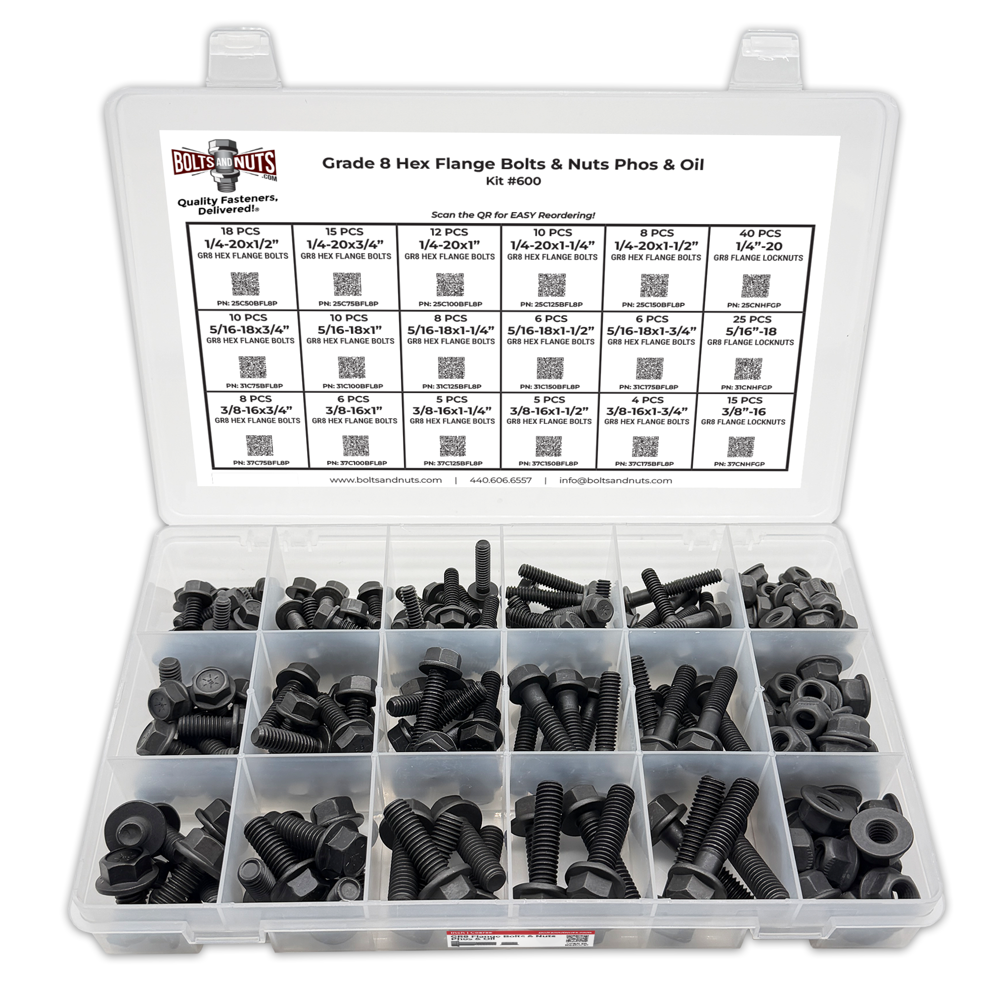 Assortment Kit #600 (212Pcs.) Grade 8 Flange Bolt & Nut Assortment Kit Flange Screws Black Phos