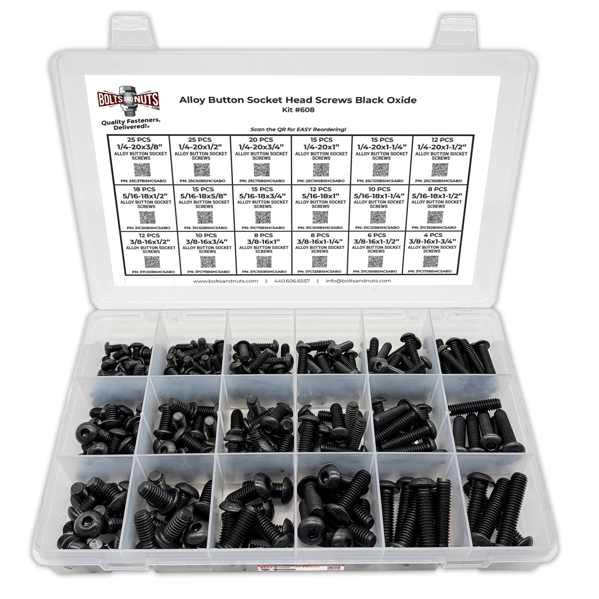 Assortment Kit #608 (239Pcs.)  Alloy Button Socket Head Cap Screws Black Oxide 1/4 5/16 3/8