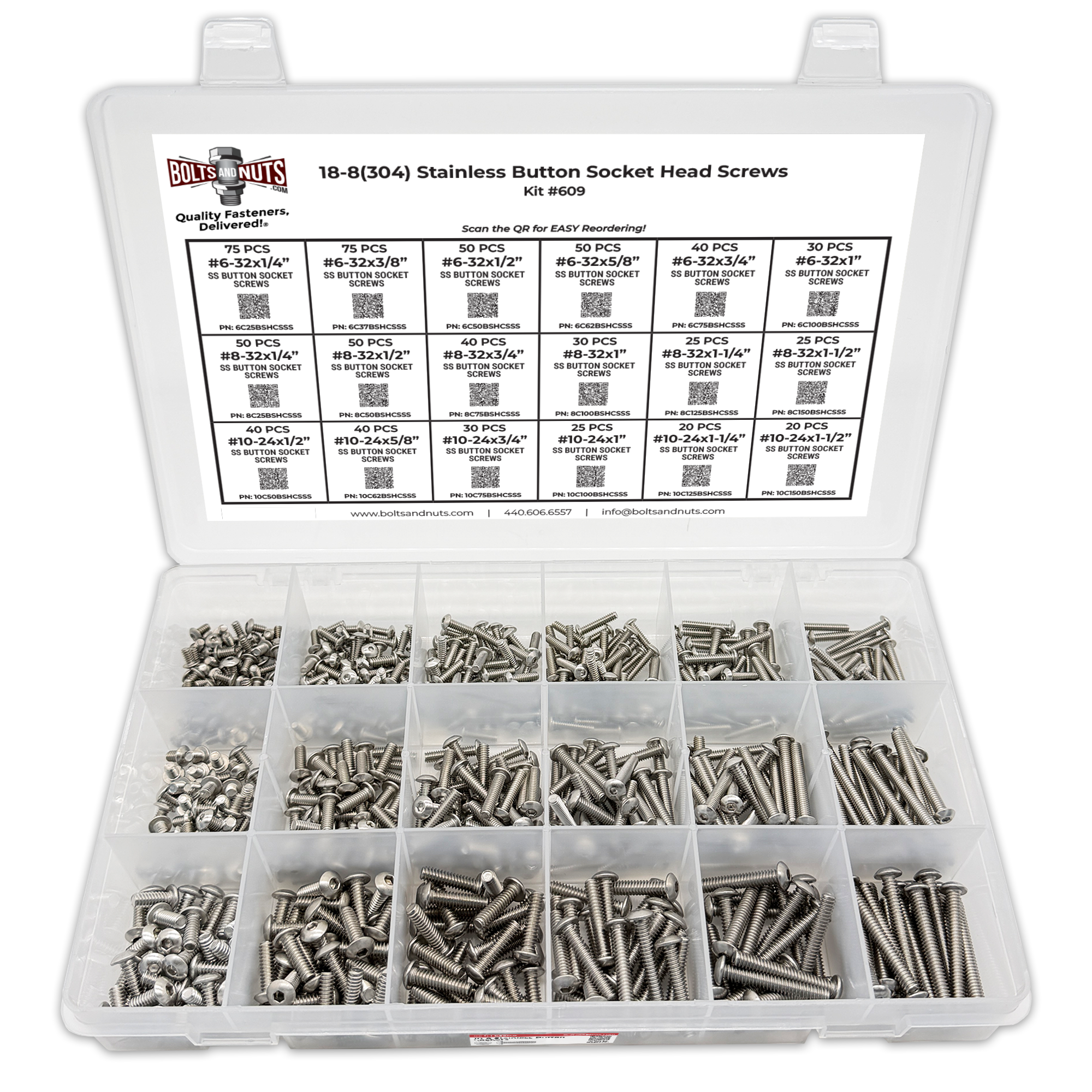Assortment Kit #609 (716Pcs.)  Small Inch 18-8 Stainless Steel Button Socket Cap Screws #6 #8 #10