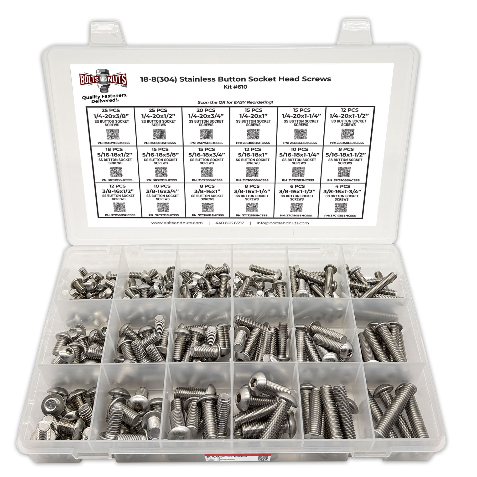 Assortment Kit #610 (239Pcs.) Inch 18-8 Stainless Steel Button Socket Cap Screws 1/4  5/16  3/8