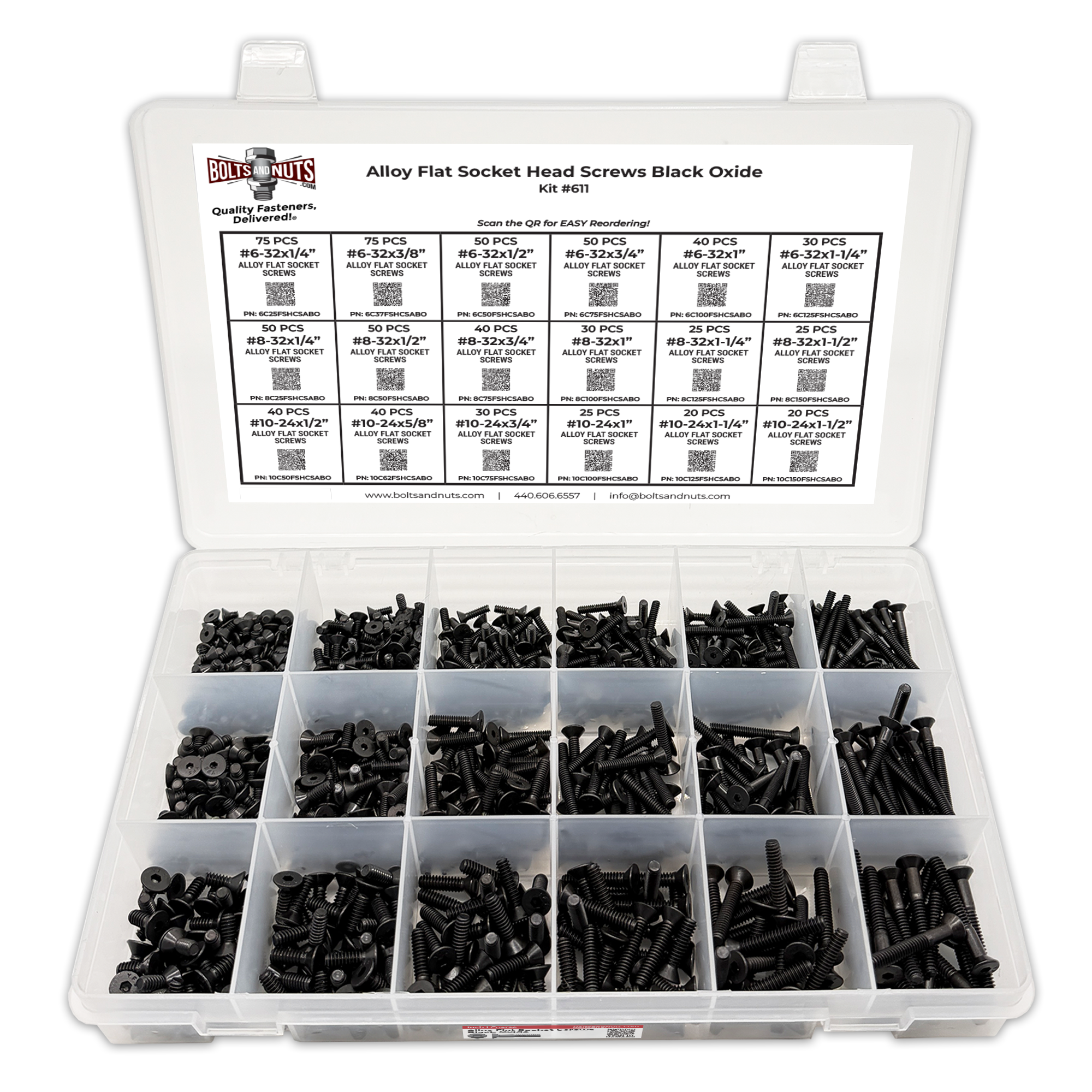 Assortment Kit #611 (716Pcs.)  Small Alloy Flat Socket Head Cap Screws Black Oxide #6 #8 #10