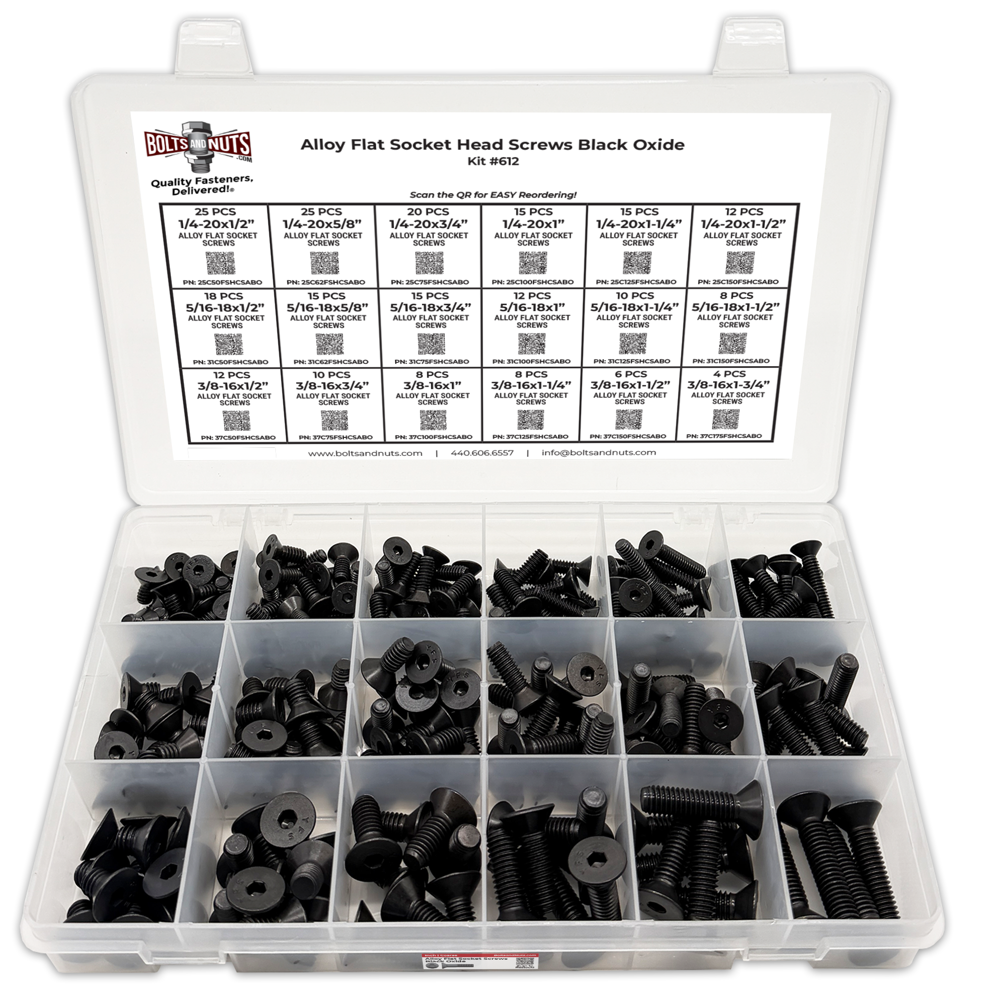 Assortment Kit #612 (239Pcs.)  Alloy Flat Socket Head Cap Screws Black Oxide 1/4 5/16 3/8