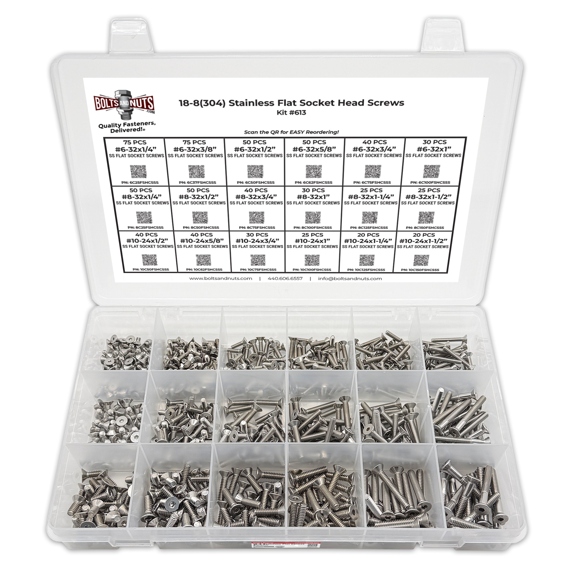 Assortment Kit #613 (716Pcs.)  Small Inch 18-8 Stainless Steel Flat Socket Cap Screws #6 #8 #10
