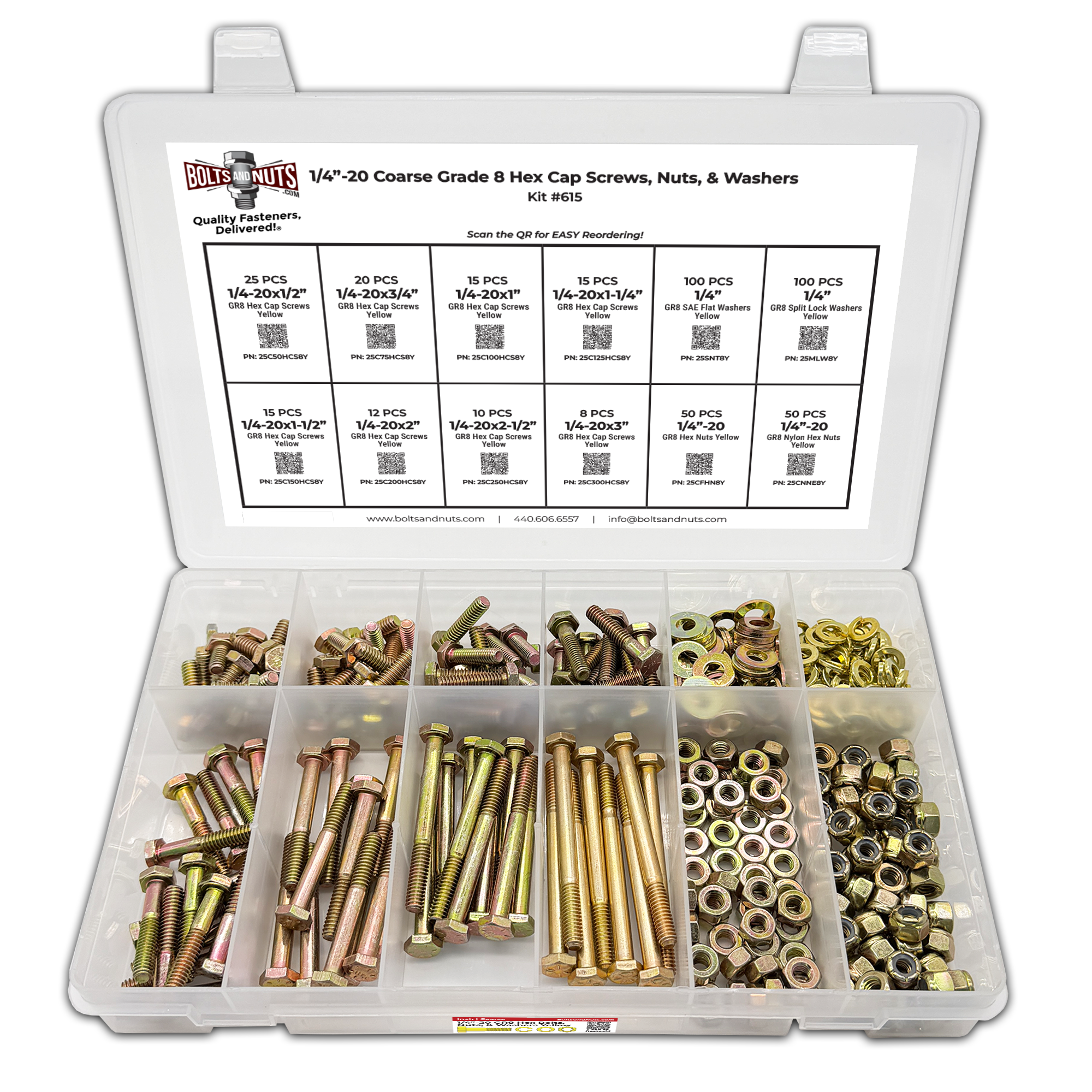 Assortment Kit #615 (421Pcs.) 1/4"-20 Grade 8 Hex Cap Screws, Grade 8 Hex & Nylon Nuts, Grade 8 Flat & Lock Washers - Zinc Yellow