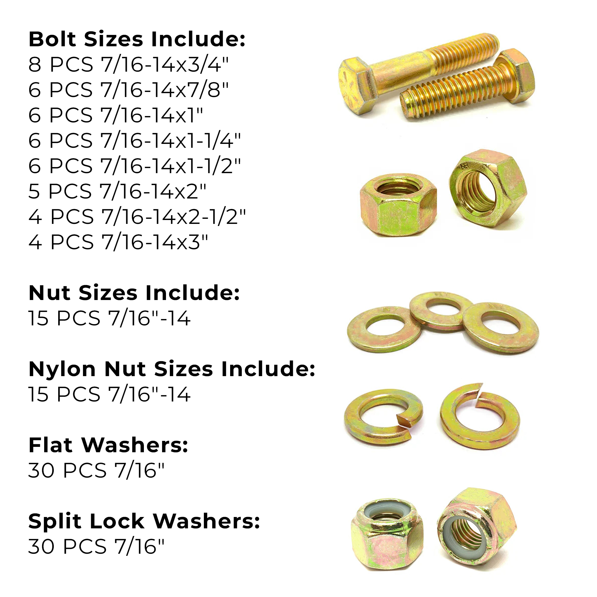 Assortment Kit #618 (136Pcs.) 7/16"-14 Grade 8 Hex Cap Screws, Grade 8 Hex & Nylon Nuts, Grade 8 Flat & Lock Washers - Zinc Yellow
