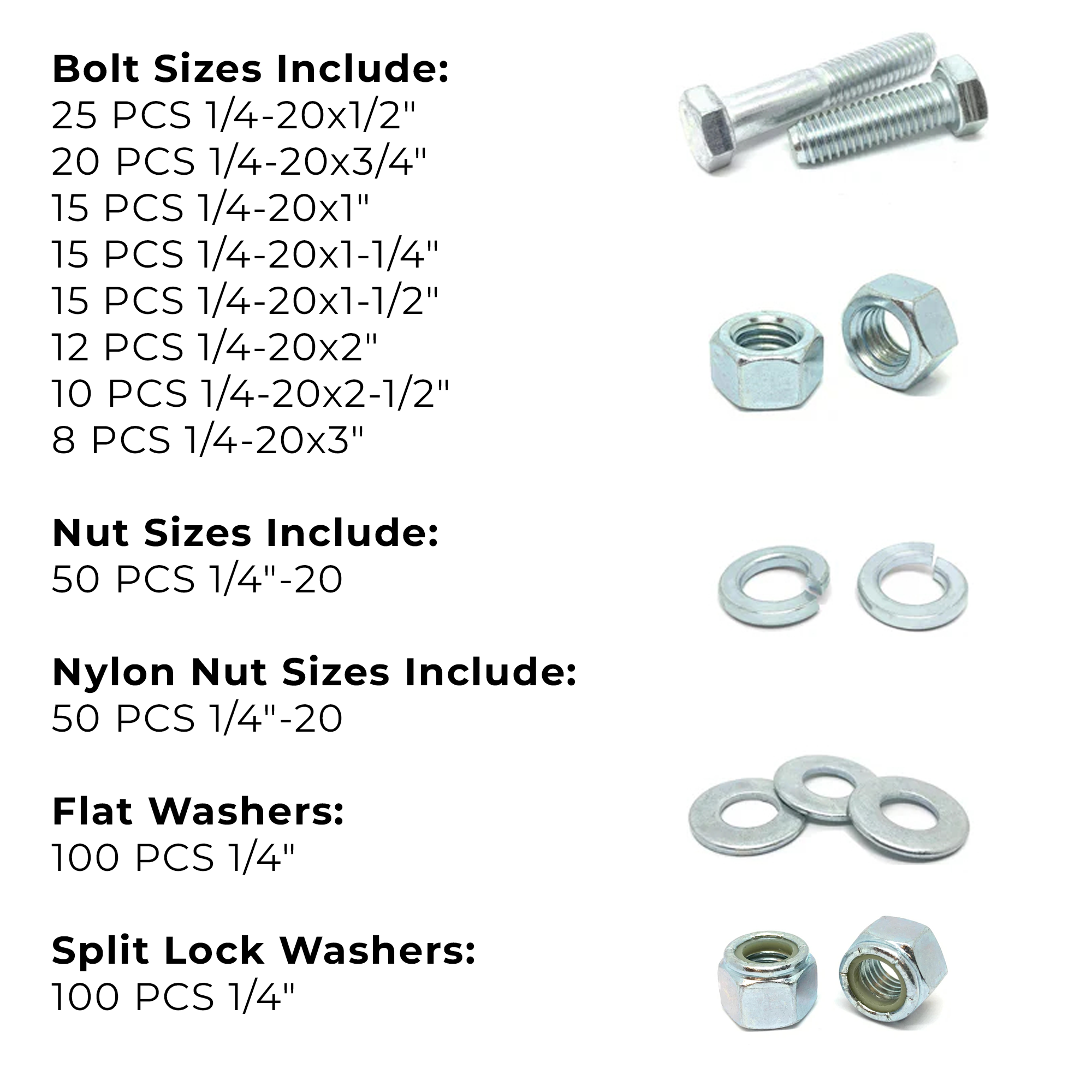 Assortment Kit #625 (421Pcs.) 1/4"-20 Grade 5 Hex Cap Screws, Grade 5 Hex & Nylon Nuts, Flat & Lock Washers - Zinc Plated