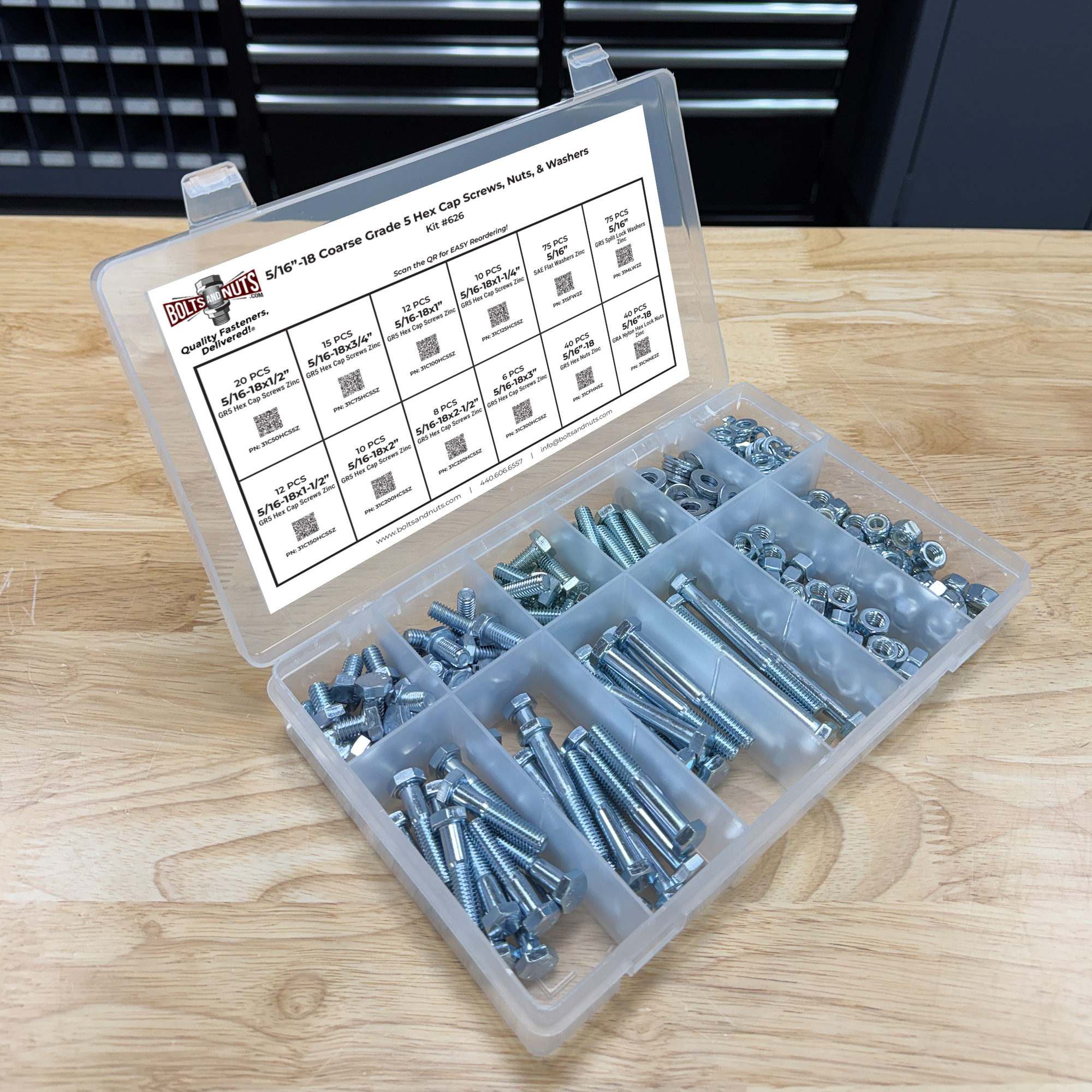 Assortment Kit #626 (324Pcs.) 5/16"-18 Grade 5 Hex Cap Screws, Grade 5 Hex & Nylon Nuts, Flat & Lock Washers - Zinc Plated