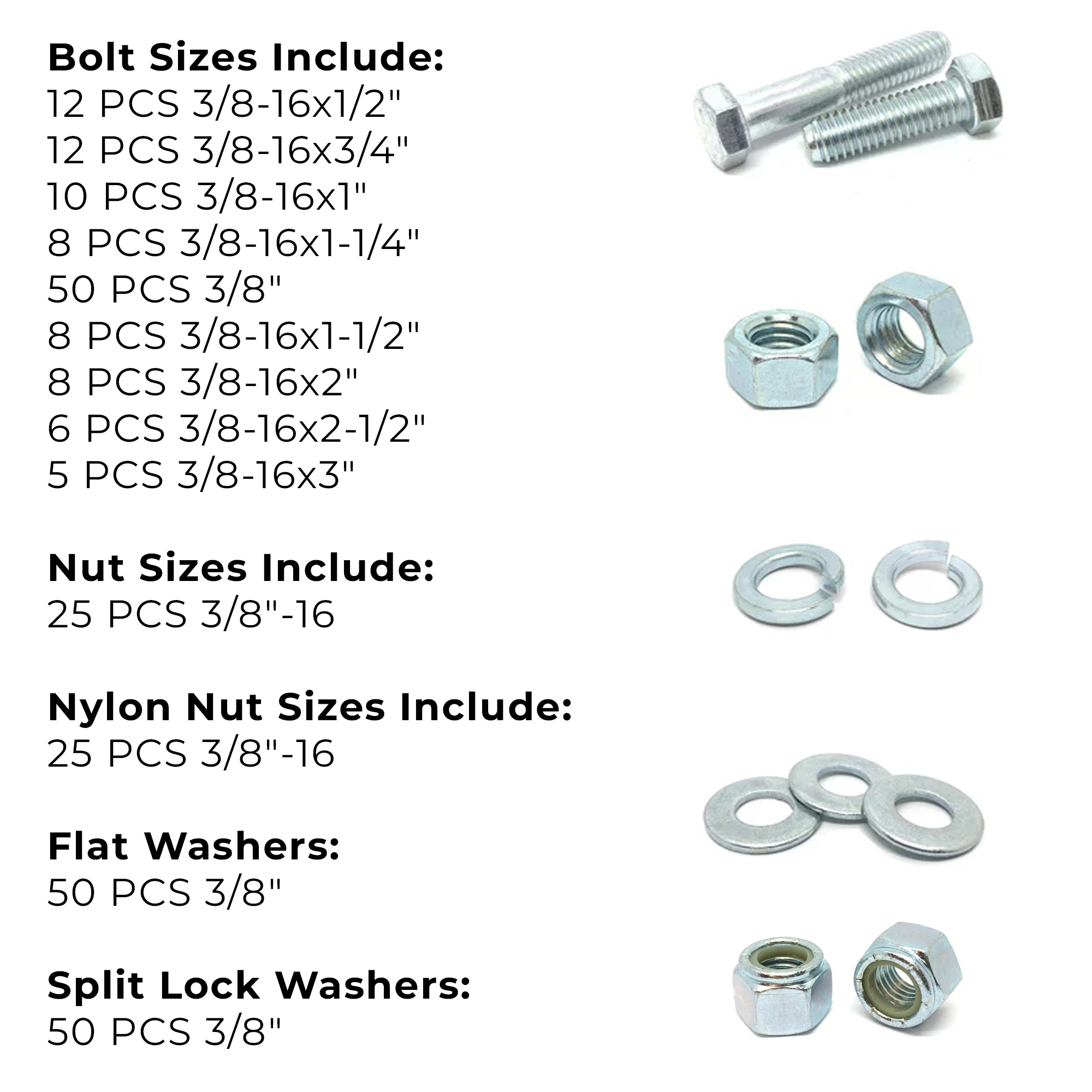Assortment Kit #627 (220Pcs.) 3/8"-16 Grade 5 Hex Cap Screws, Grade 5 Hex & Nylon Nuts, Flat & Lock Washers - Zinc Plated