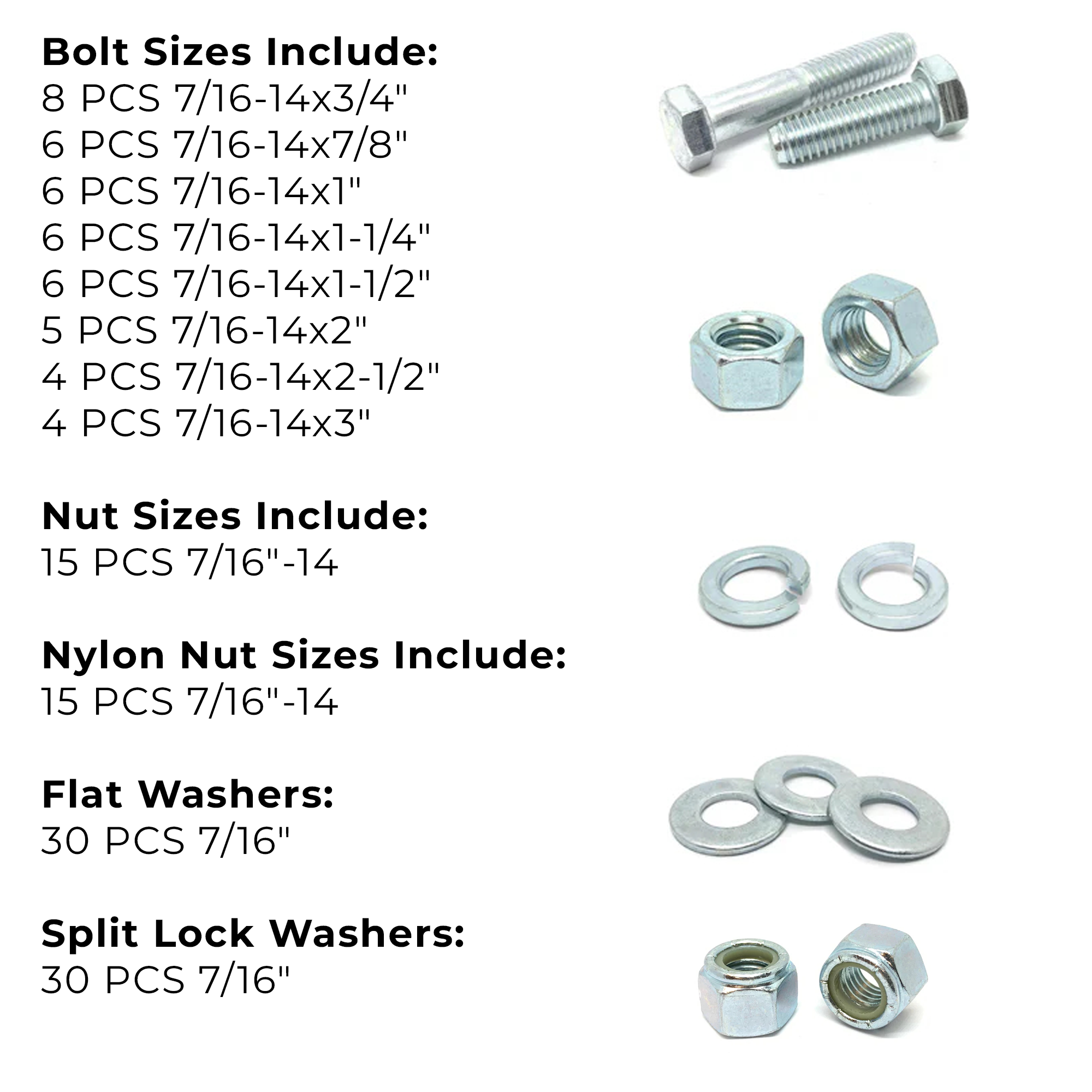Assortment Kit #628 (136Pcs.) 7/16"-14 Grade 5 Hex Cap Screws, Grade 5 Hex & Nylon Nuts, Flat & Lock Washers - Zinc Plated