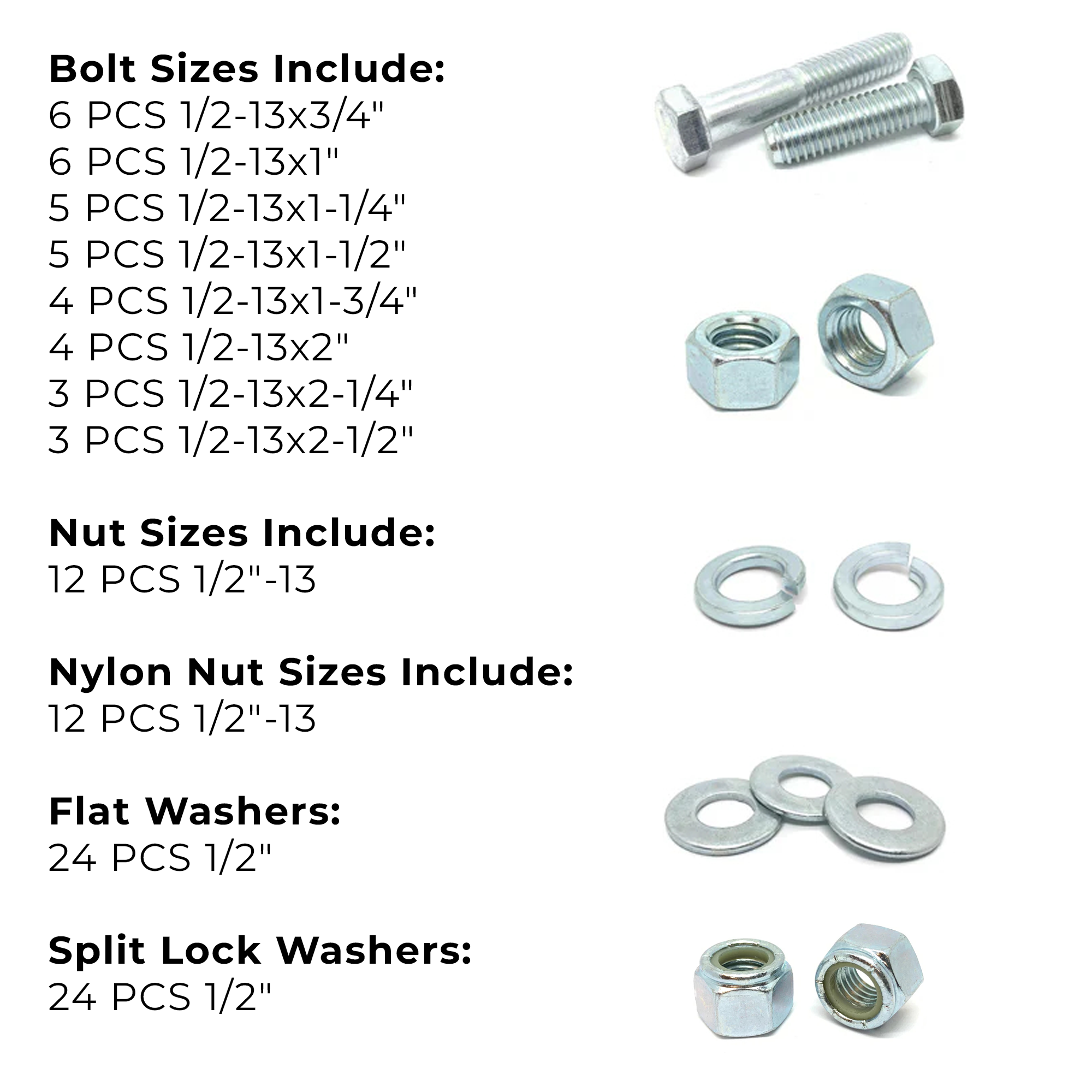 Assortment Kit #629 (109Pcs.) 1/2"-13 Grade 5 Hex Cap Screws, Grade 5 Hex & Nylon Nuts, Flat & Lock Washers - Zinc Plated