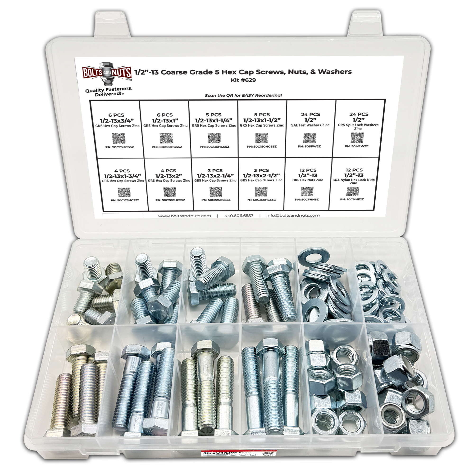 Assortment Kit #629 (109Pcs.) 1/2"-13 Grade 5 Hex Cap Screws, Grade 5 Hex & Nylon Nuts, Flat & Lock Washers - Zinc Plated