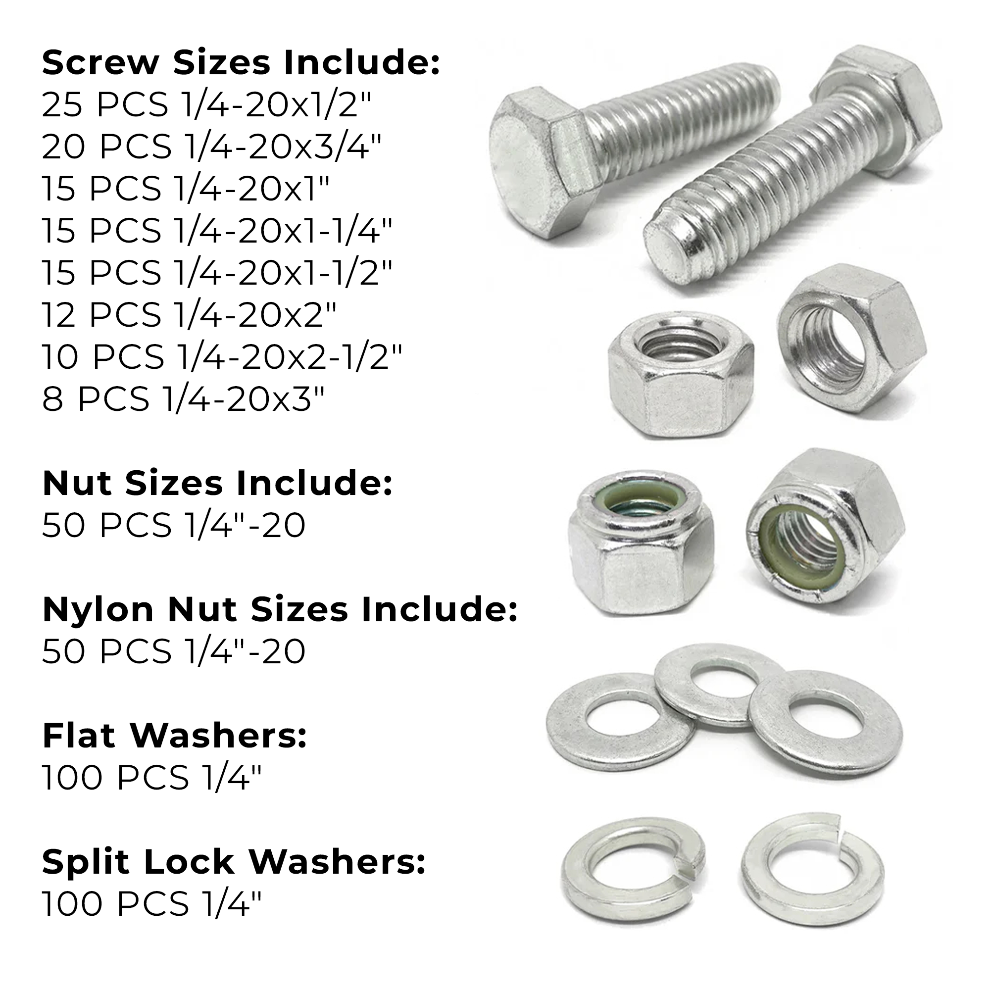 Assortment Kit #635 (421Pcs.) 1/4"-20, 18-8 (304) Stainless Steel Hex Cap Screws, Hex & Nylon Nuts, Flat & Lock Washers