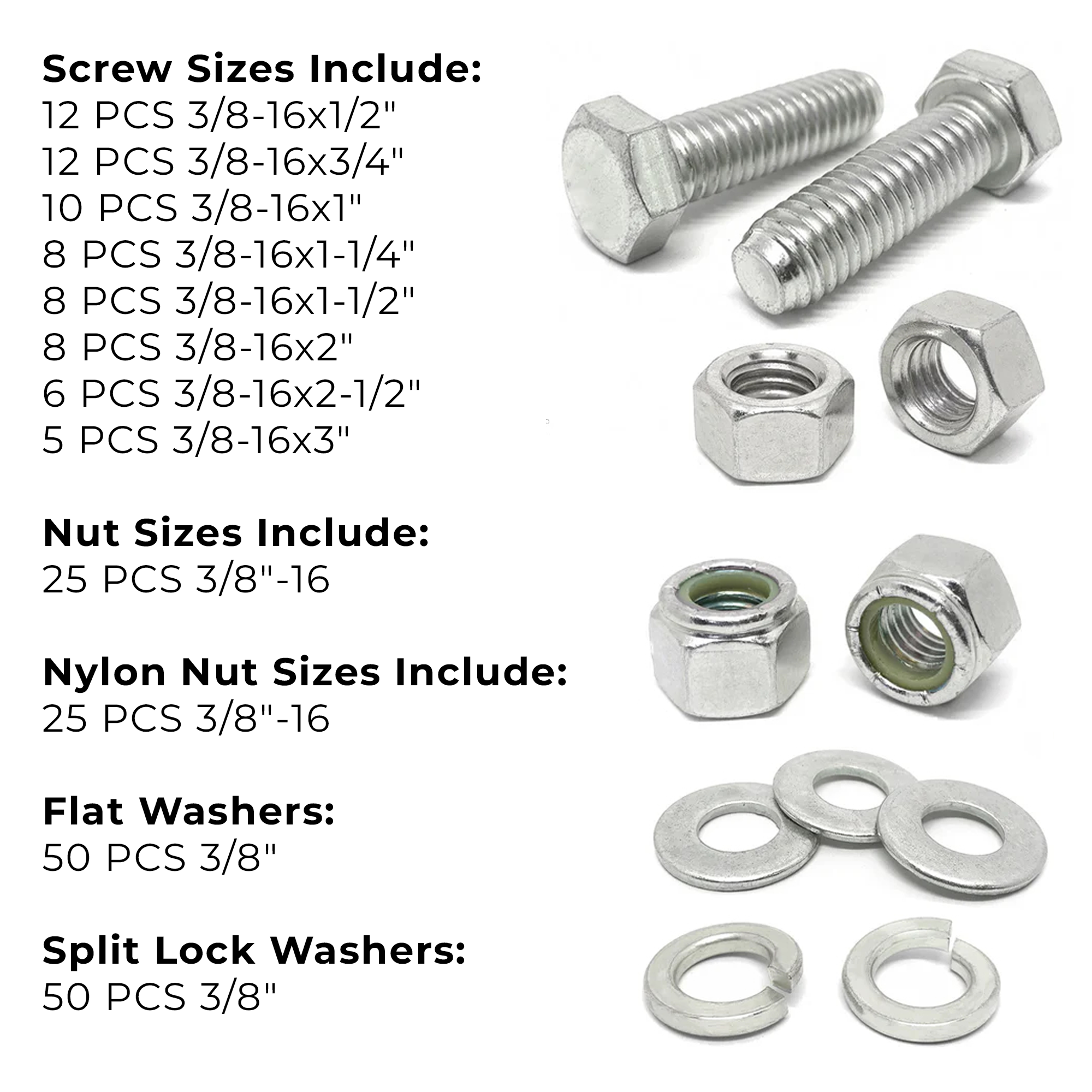 Assortment Kit #637 (220Pcs.) 3/8"-16, 18-8 (304) Stainless Steel Hex Cap Screws, Hex & Nylon Nuts, Flat & Lock Washers