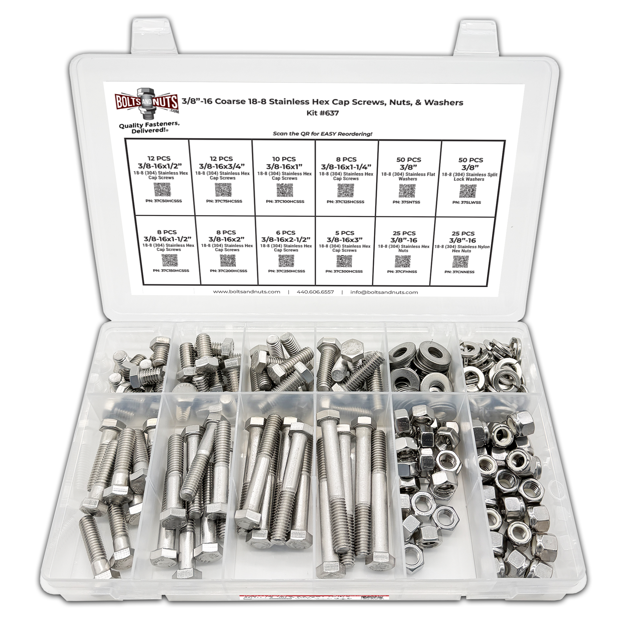 Assortment Kit #637 (220Pcs.) 3/8"-16, 18-8 (304) Stainless Steel Hex Cap Screws, Hex & Nylon Nuts, Flat & Lock Washers