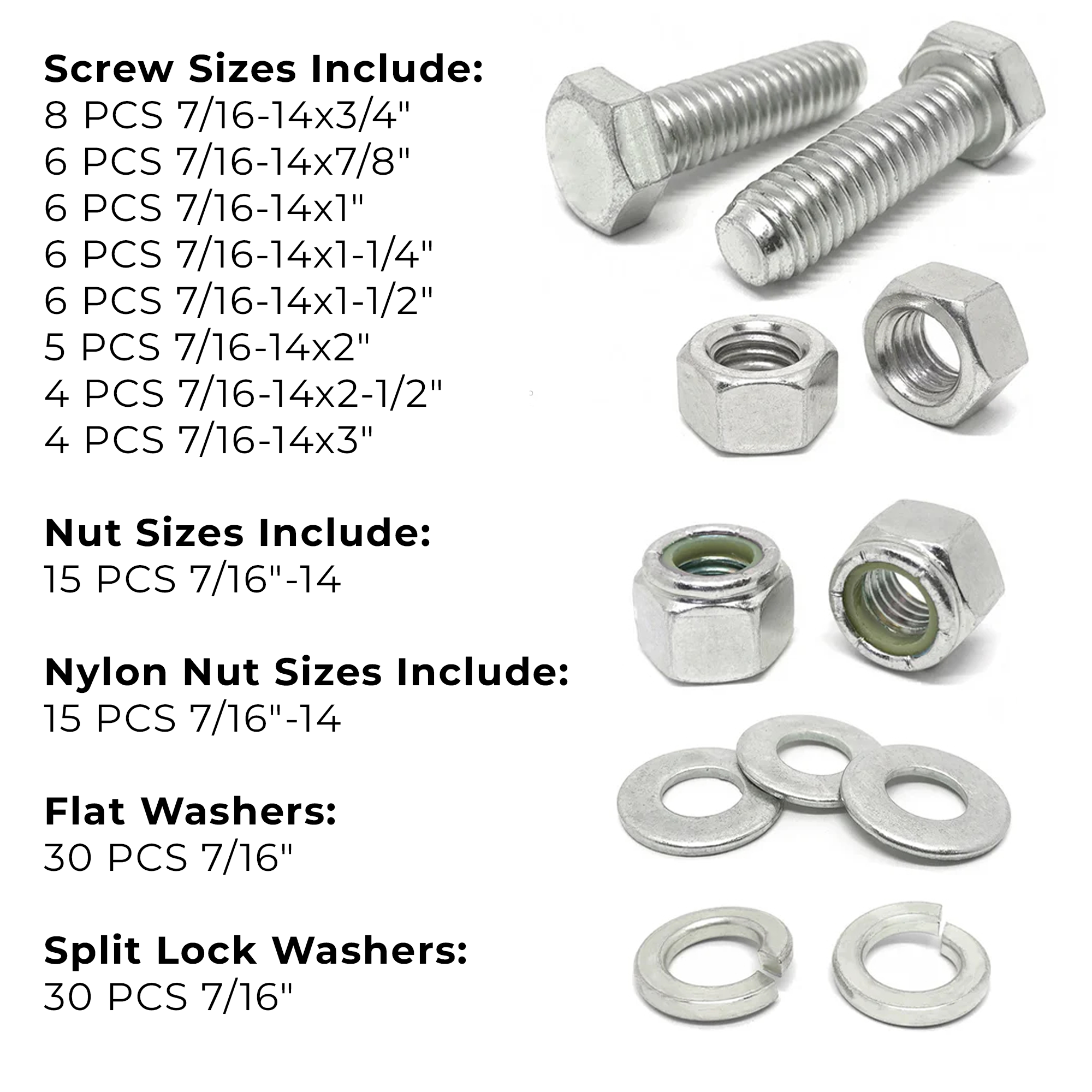 Assortment Kit #638 (136Pcs.) 7/16"-14, 18-8 (304) Stainless Steel Hex Cap Screws, Hex & Nylon Nuts, Flat & Lock Washers