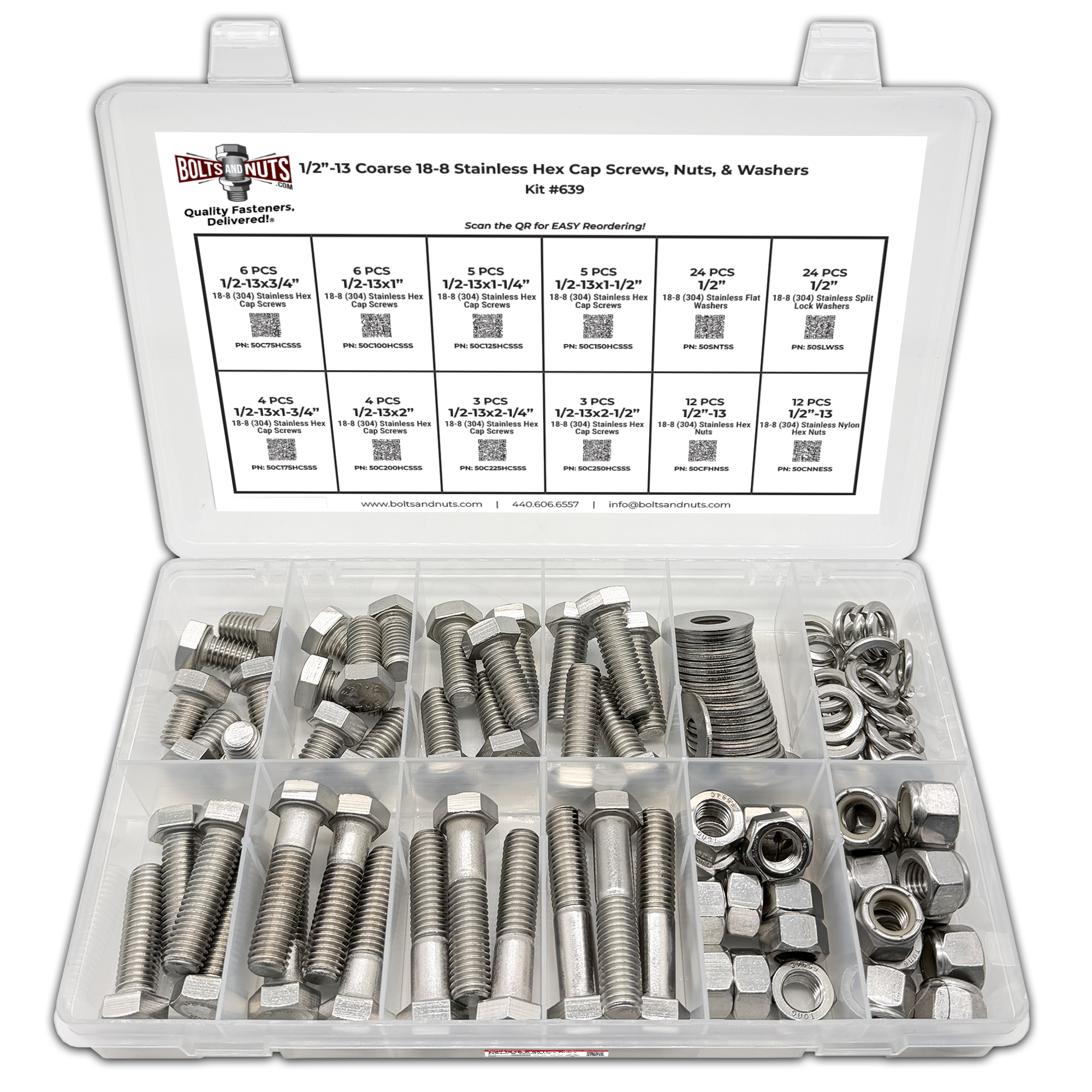 Assortment Kit #639 (109Pcs.) 1/2"-13, 18-8 (304) Stainless Steel Hex Cap Screws, Hex & Nylon Nuts, Flat & Lock Washers