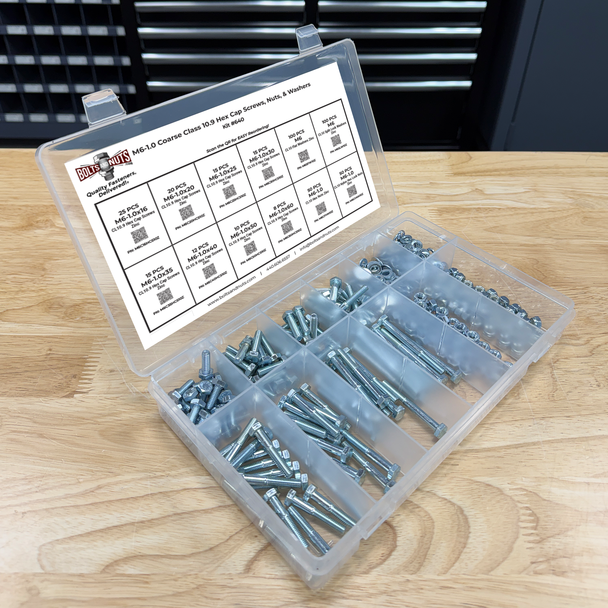 Assortment Kit #640 (421Pcs.) M6-1.0 Class 10.9 Hex Cap Screws, Hex & Nylon Nuts, Flat & Lock Washers - Zinc Plated