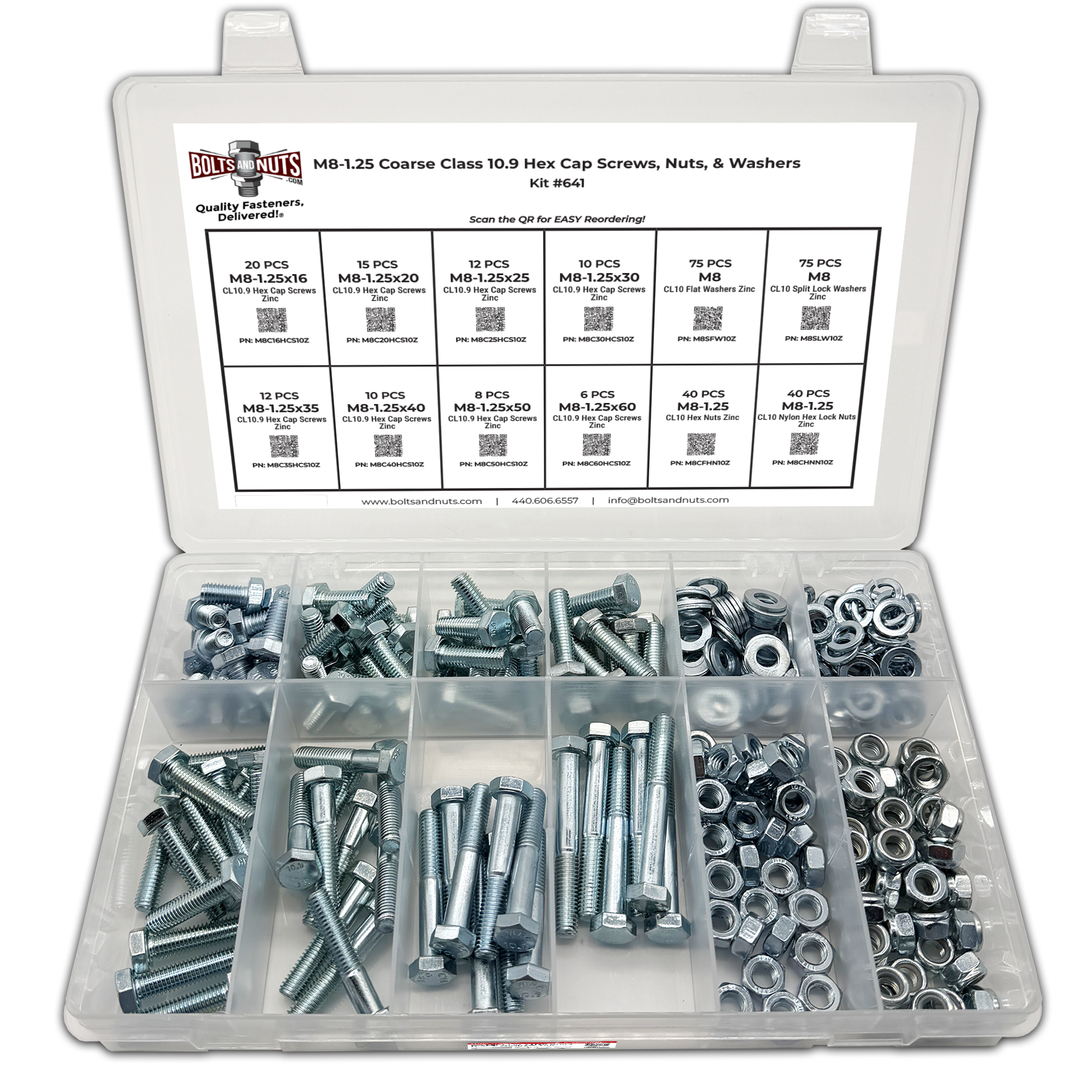 Assortment Kit #641 (324Pcs.) M8-1.25 Class 10.9 Hex Cap Screws, Hex & Nylon Nuts, Flat & Lock Washers - Zinc Plated