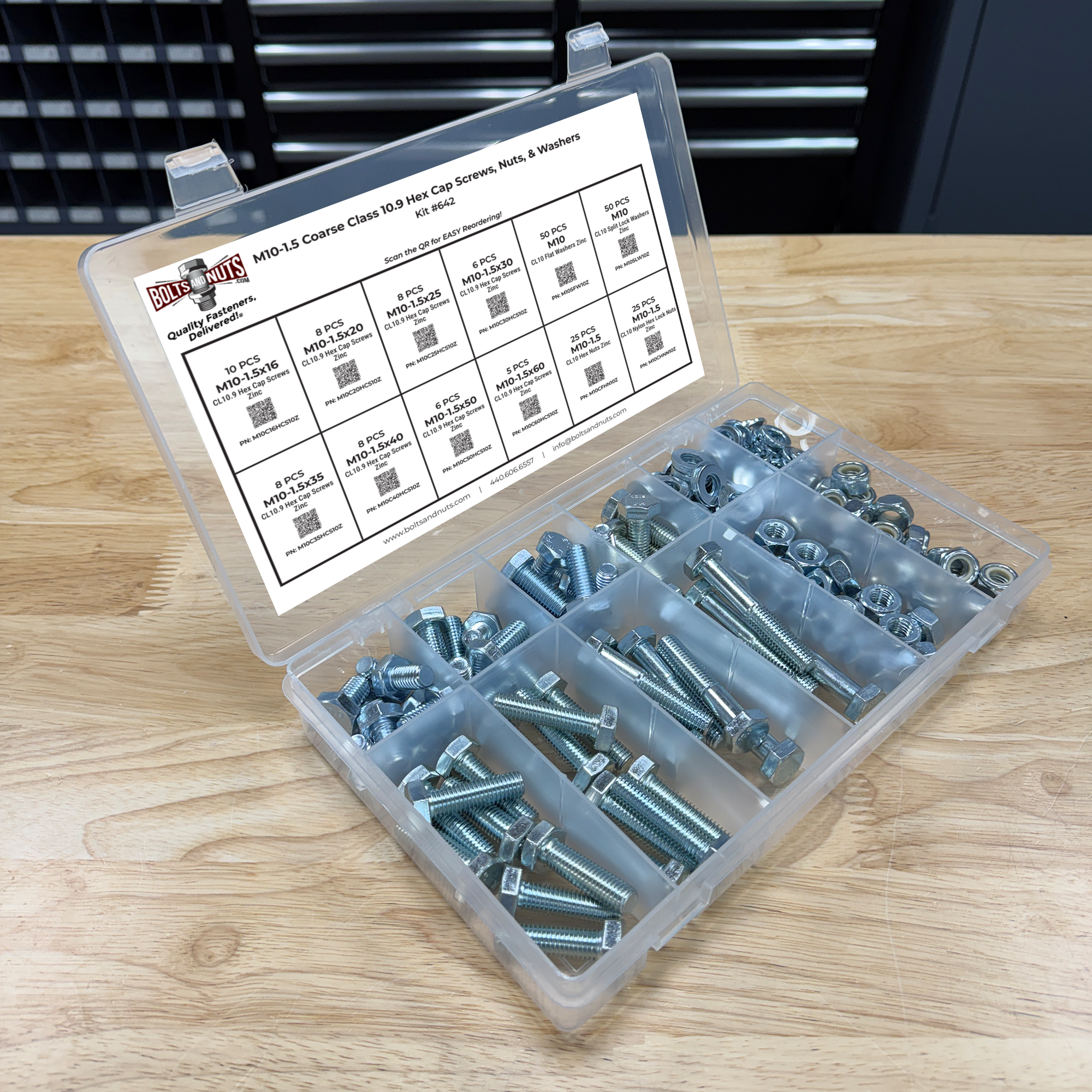 Assortment Kit #642 (210Pcs.) M10-1.5 Class 10.9 Hex Cap Screws, Hex & Nylon Nuts, Flat & Lock Washers - Zinc Plated